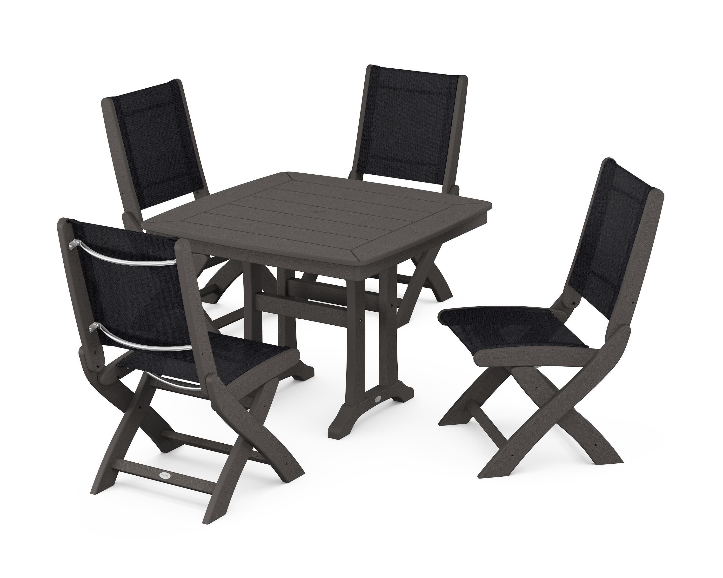 Coastal Folding Side Chair 5-Piece Dining Set with Trestle Legs in Vintage Coffee / Black Sling