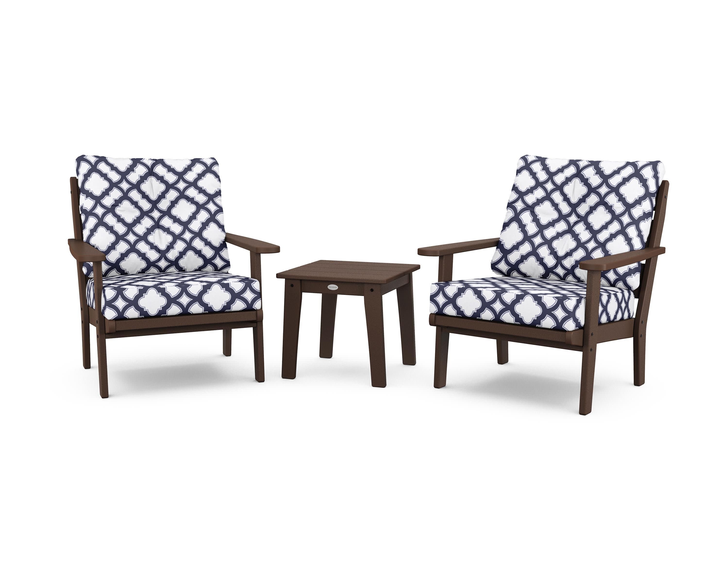 Lakeside 3-Piece Deep Seating Chair Set in Mahogany / Trellis Navy
