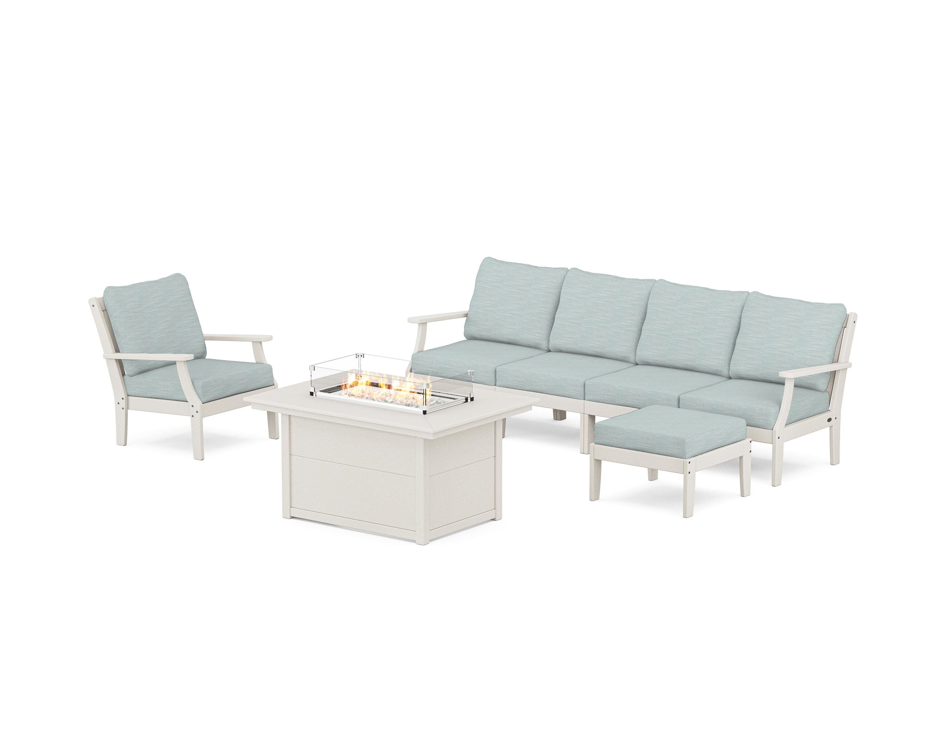 Braxton Sectional Lounge and Fire Pit Set in Sand / Soothe Mist
