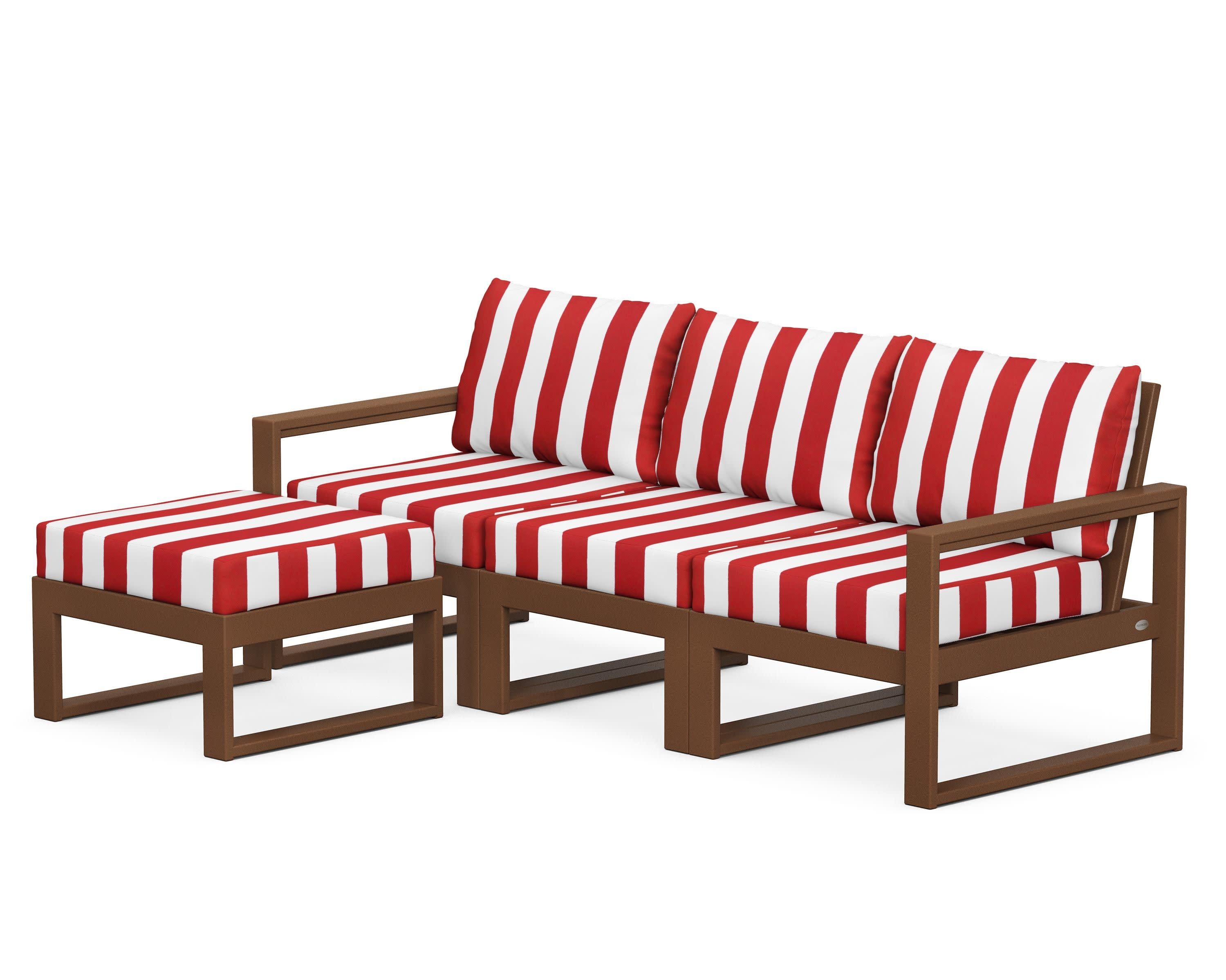 EDGE 4-Piece Modular Deep Seating Set with Ottoman in Teak / Cabana Stripe Crimson