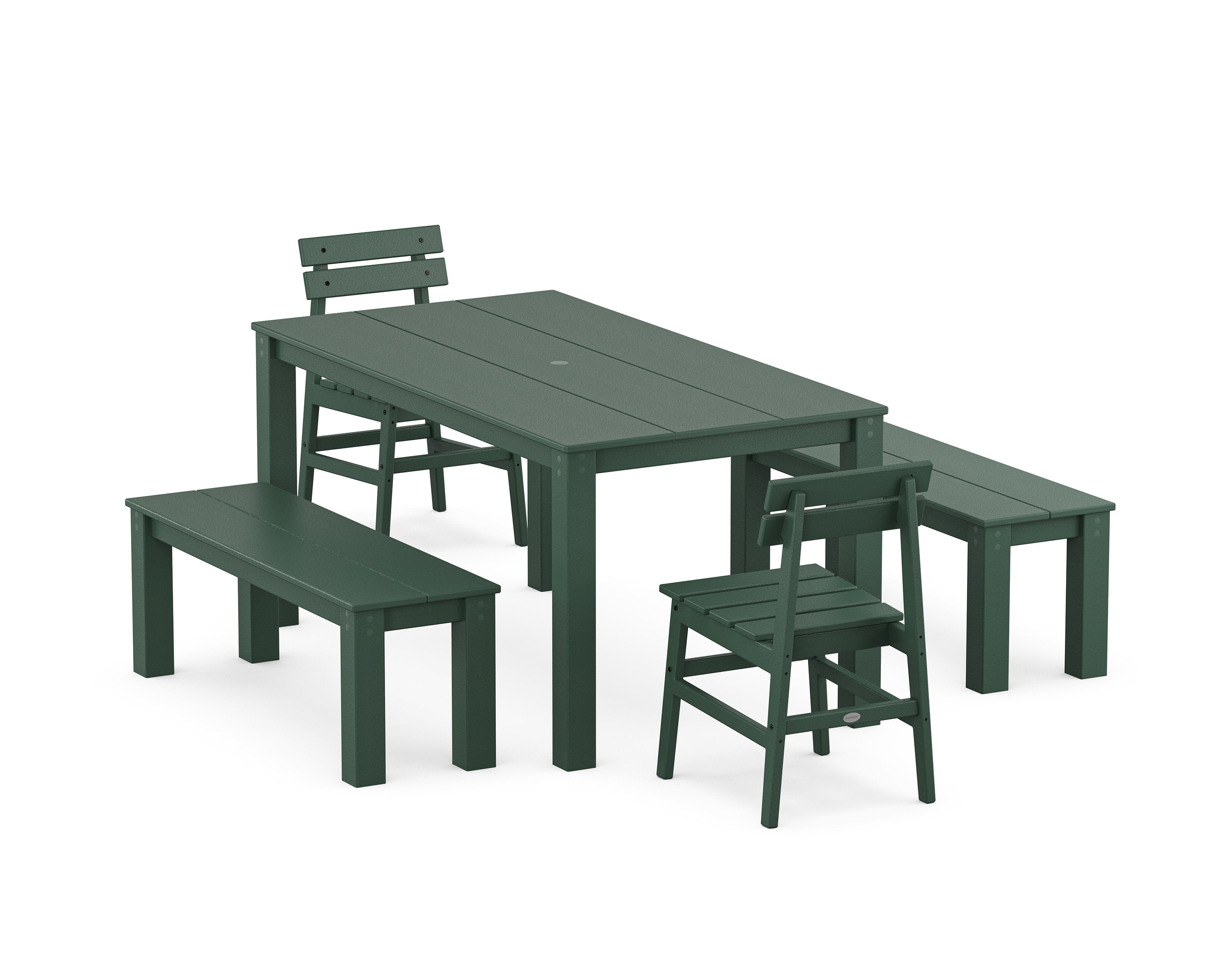 Modern Studio Plaza Chair 5-Piece Parsons Dining Set with Benches in Green