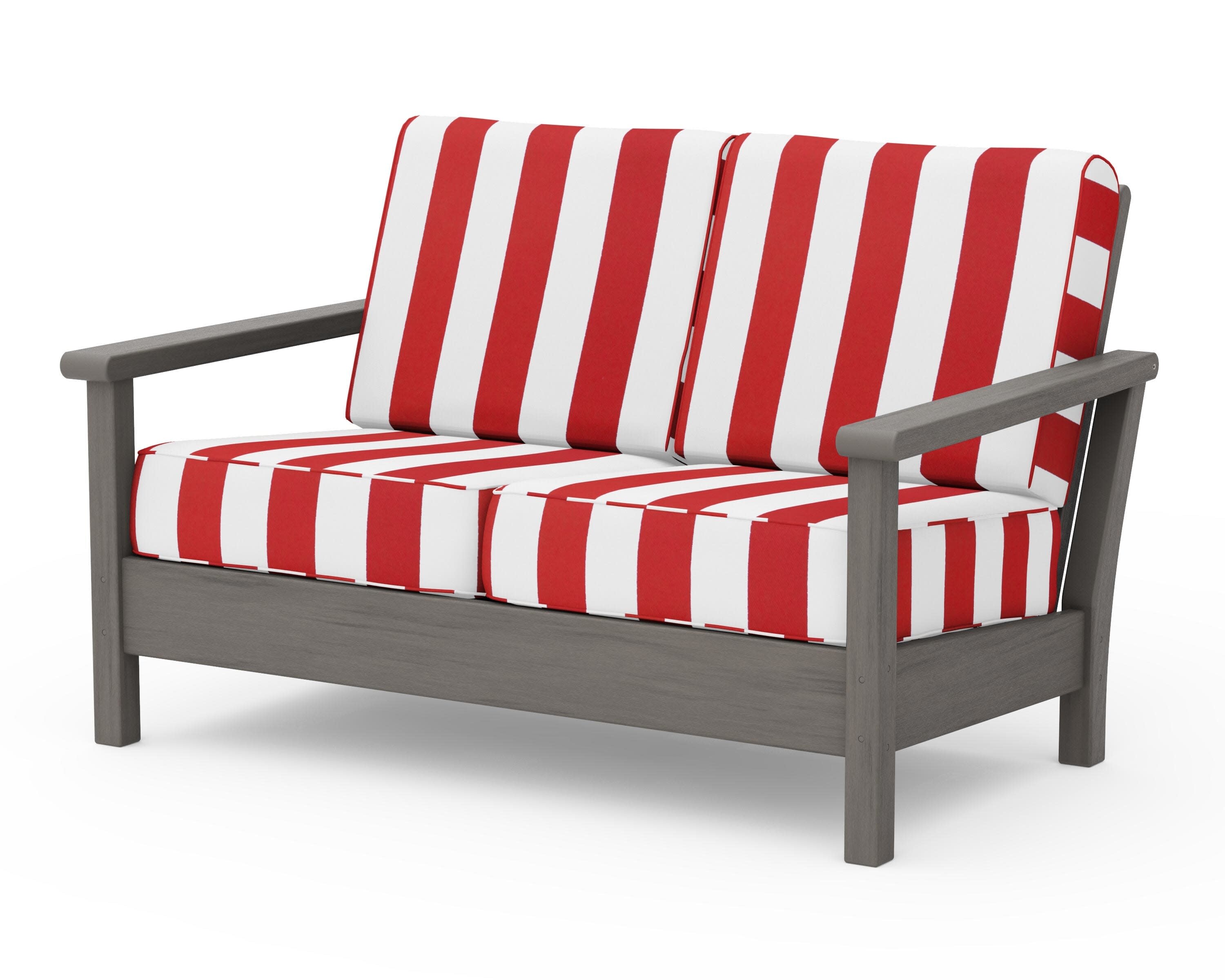 Harbour Deep Seating Loveseat in Driftwood / Cabana Stripe Crimson