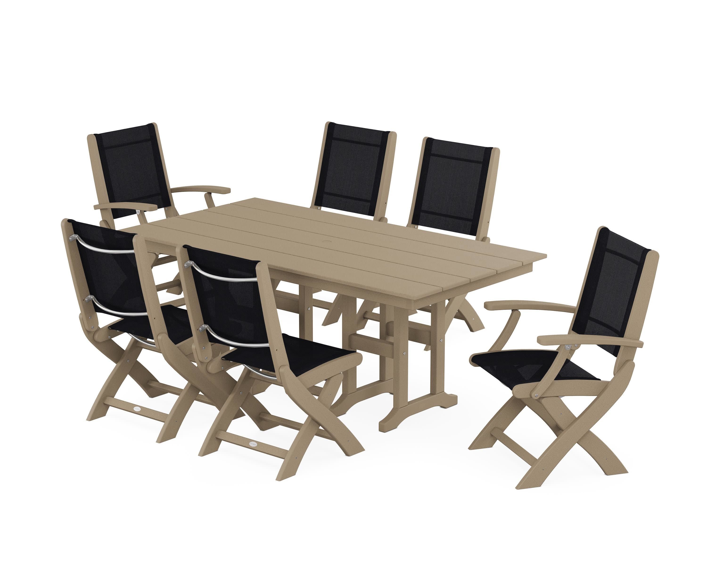 Coastal Folding Chair 7-Piece Farmhouse Dining Set in Vintage Sahara / Black Sling