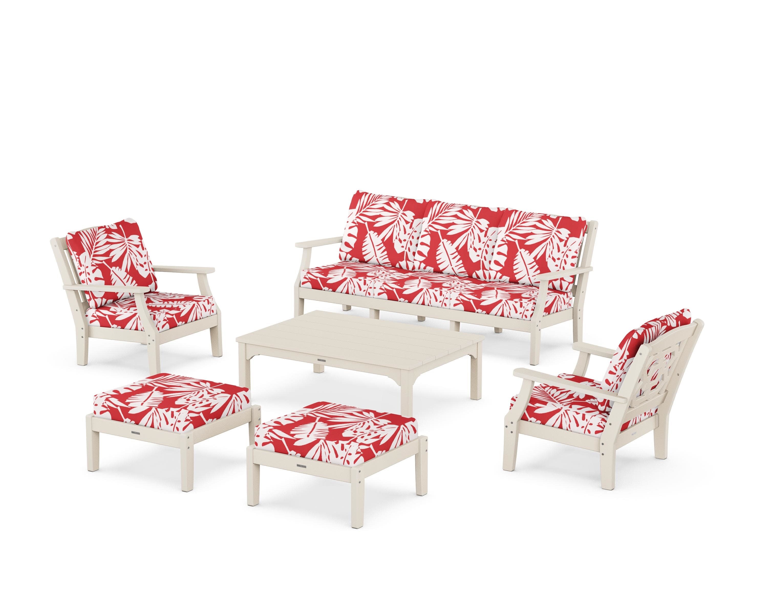Chinoiserie 6-Piece Lounge Sofa Set in Sand / Leaf Crimson