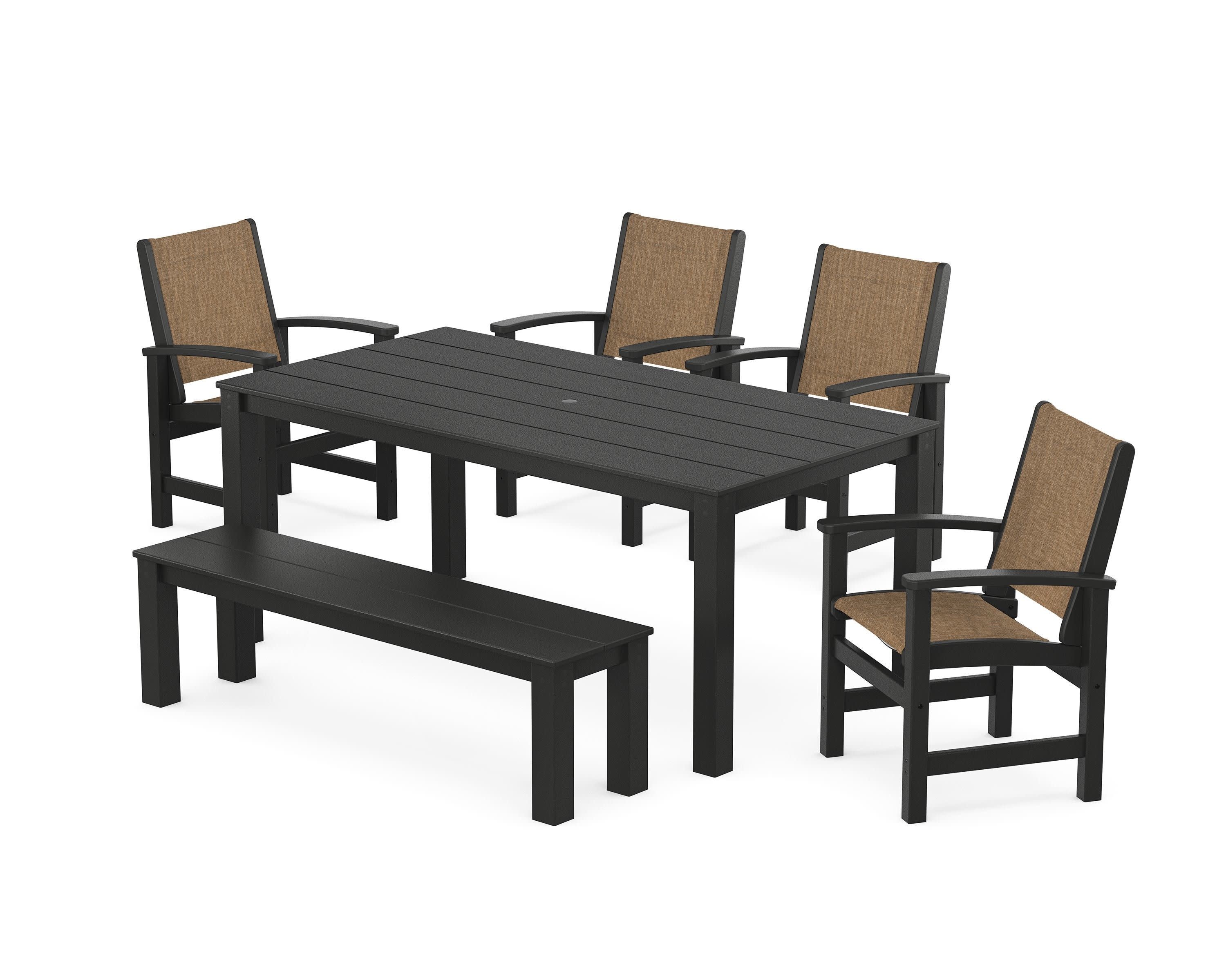 Coastal 6-Piece Parsons Dining Set with Bench in Black / Burlap Sling