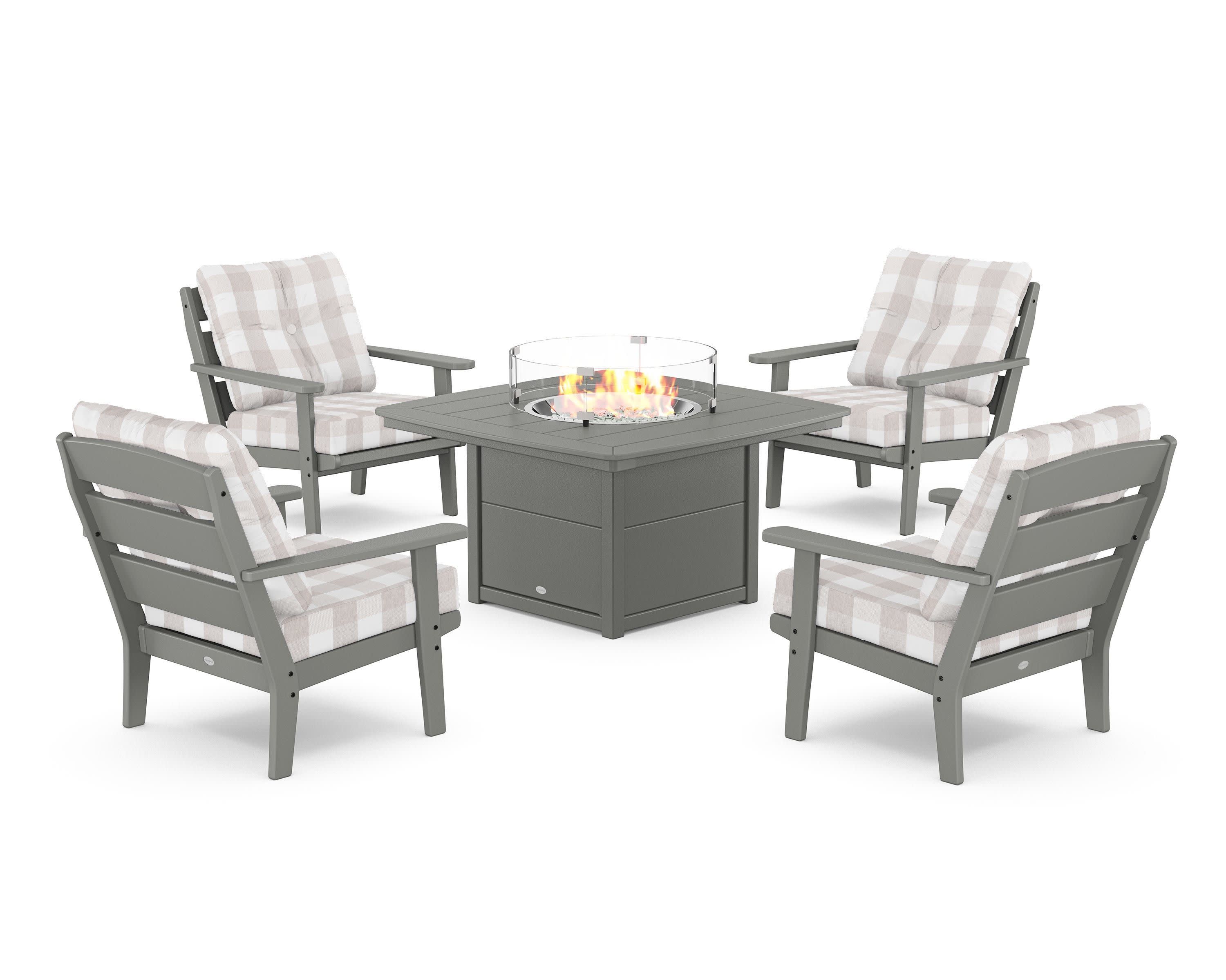 Lakeside 5-Piece Deep Seating Set with Nautical Fire Pit Table in Slate Grey / Buffalo Plaid Dune Burlap