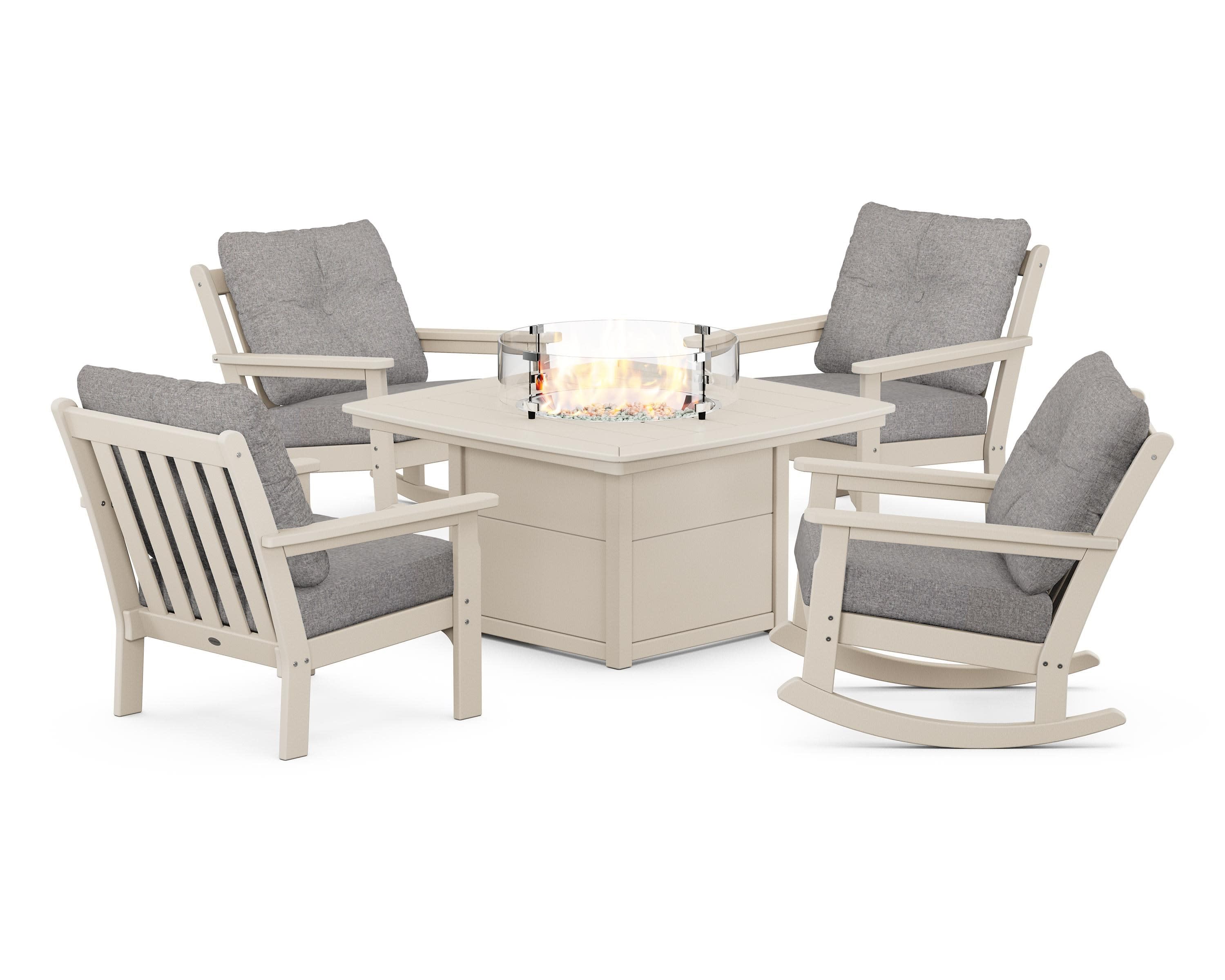 Vineyard 5-Piece Deep Seating Rocking Chair Conversation Set with Fire Pit Table in Sand / Grey Mist