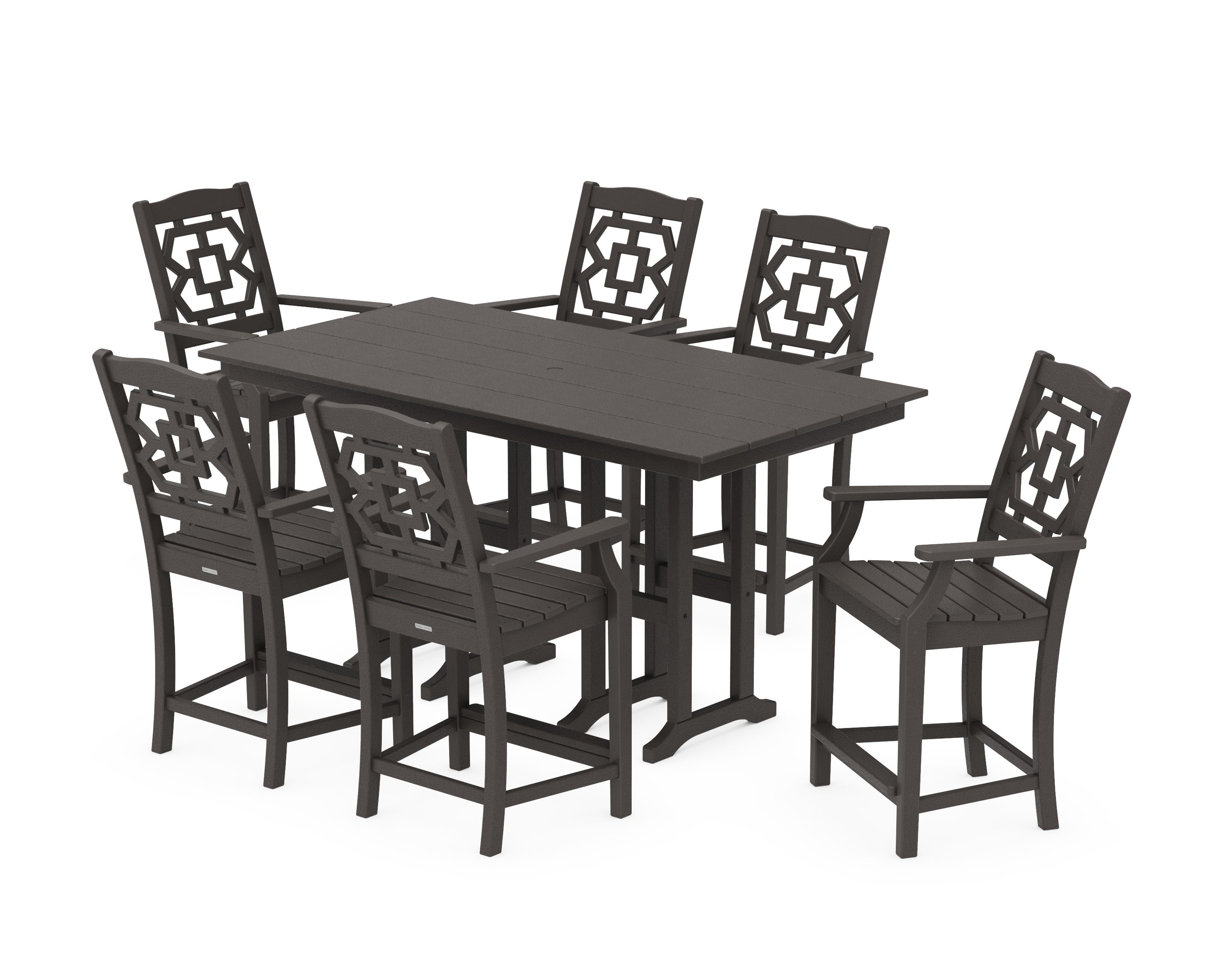 Chinoiserie Arm Chair 7-Piece Farmhouse Counter Set in Vintage Coffee