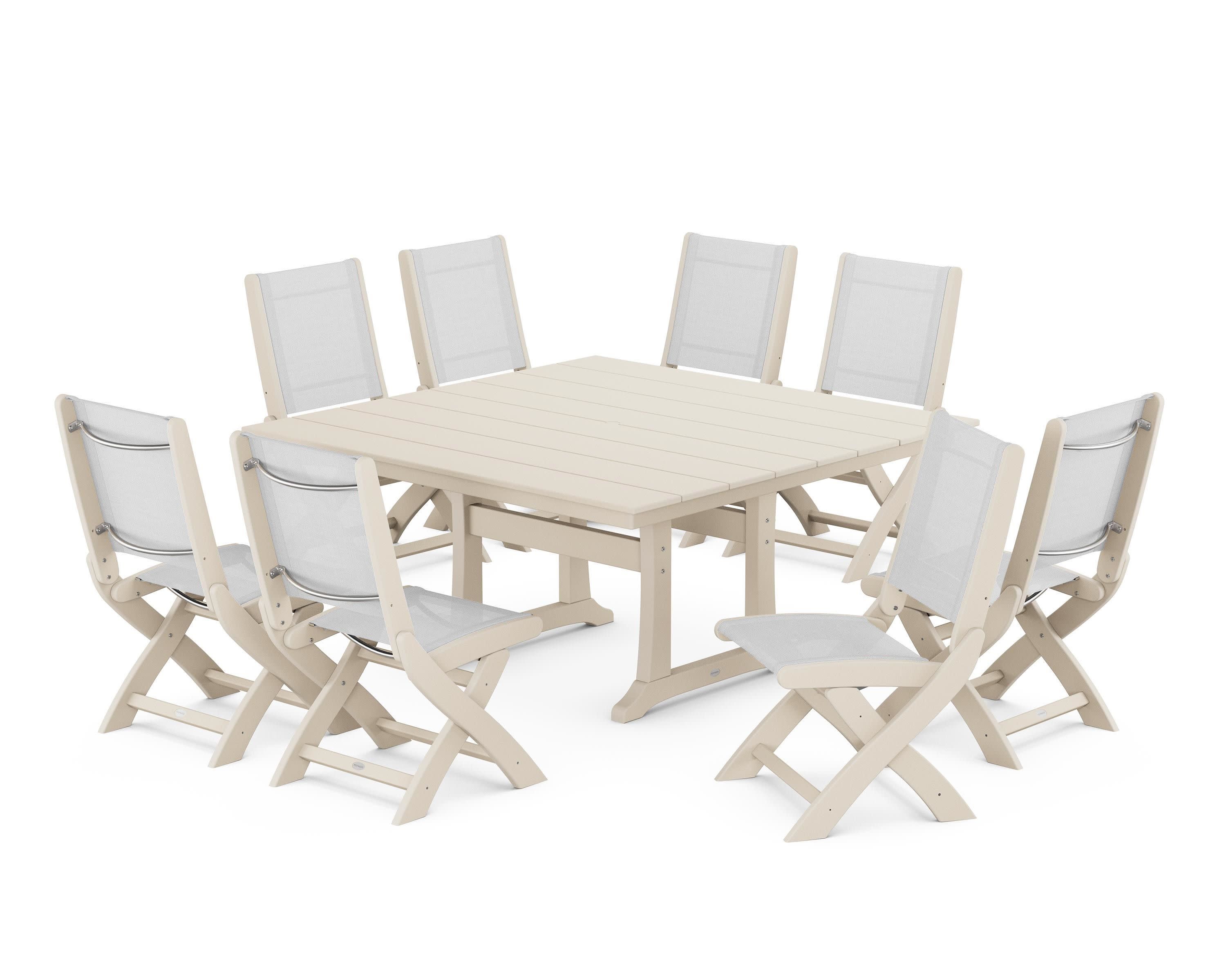 Coastal Folding Side Chair 9-Piece Farmhouse Dining Set in Sand / White Sling