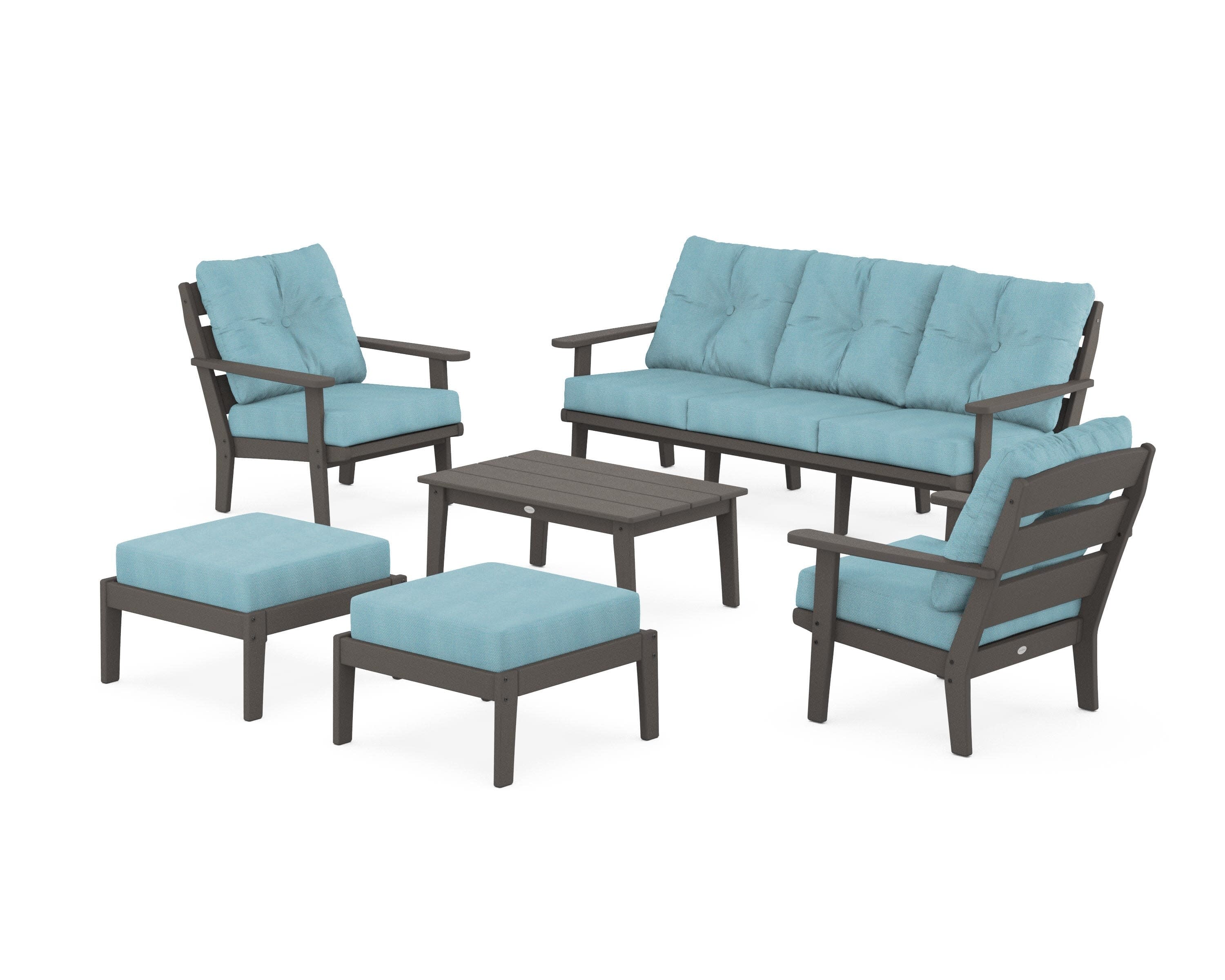 Lakeside 6-Piece Lounge Sofa Set in Vintage Coffee / Lattice Sky Blue