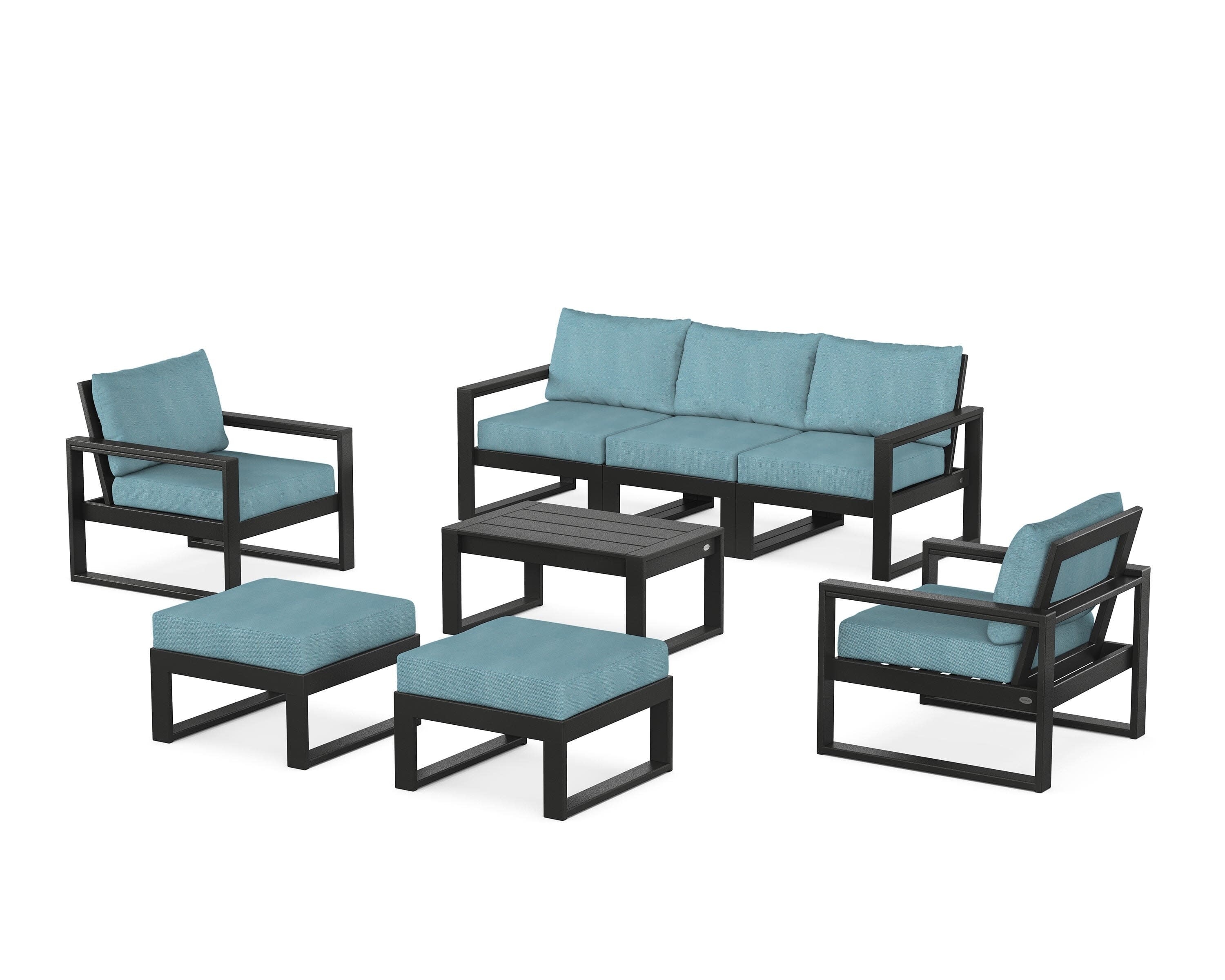 EDGE Sectional 8-Piece Lounge Sofa Set in Black / Lattice Sky Blue