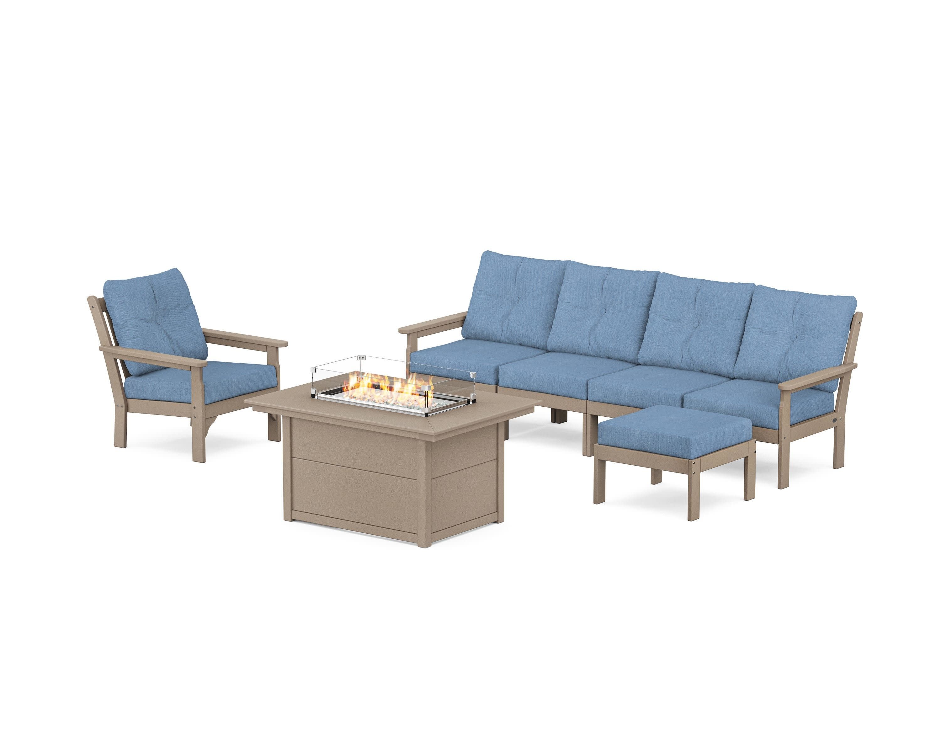 Vineyard Sectional Lounge and Fire Pit Set in Vintage Sahara / Sky Blue