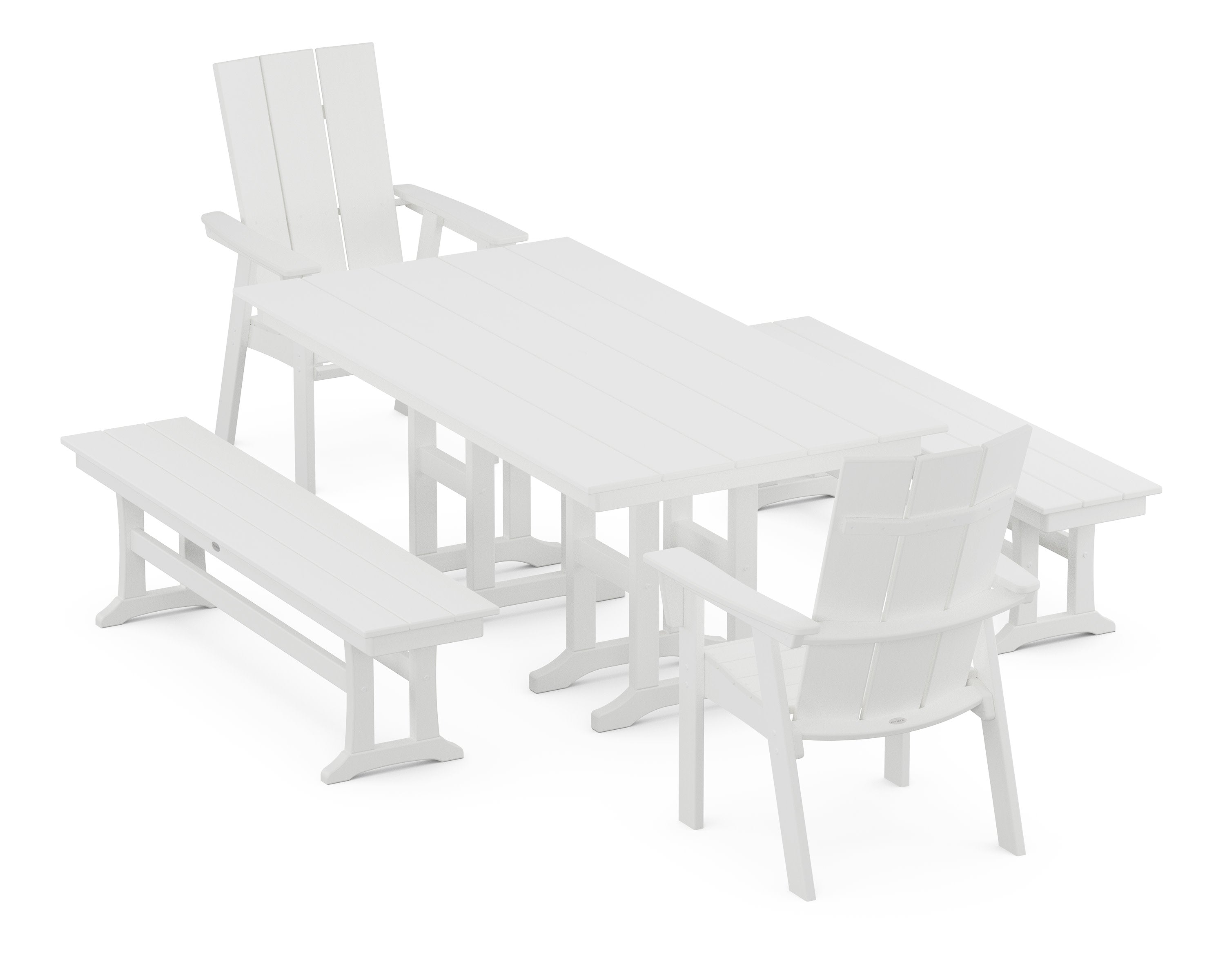 Modern Curveback Adirondack 5-Piece Farmhouse Dining Set with Benches in White