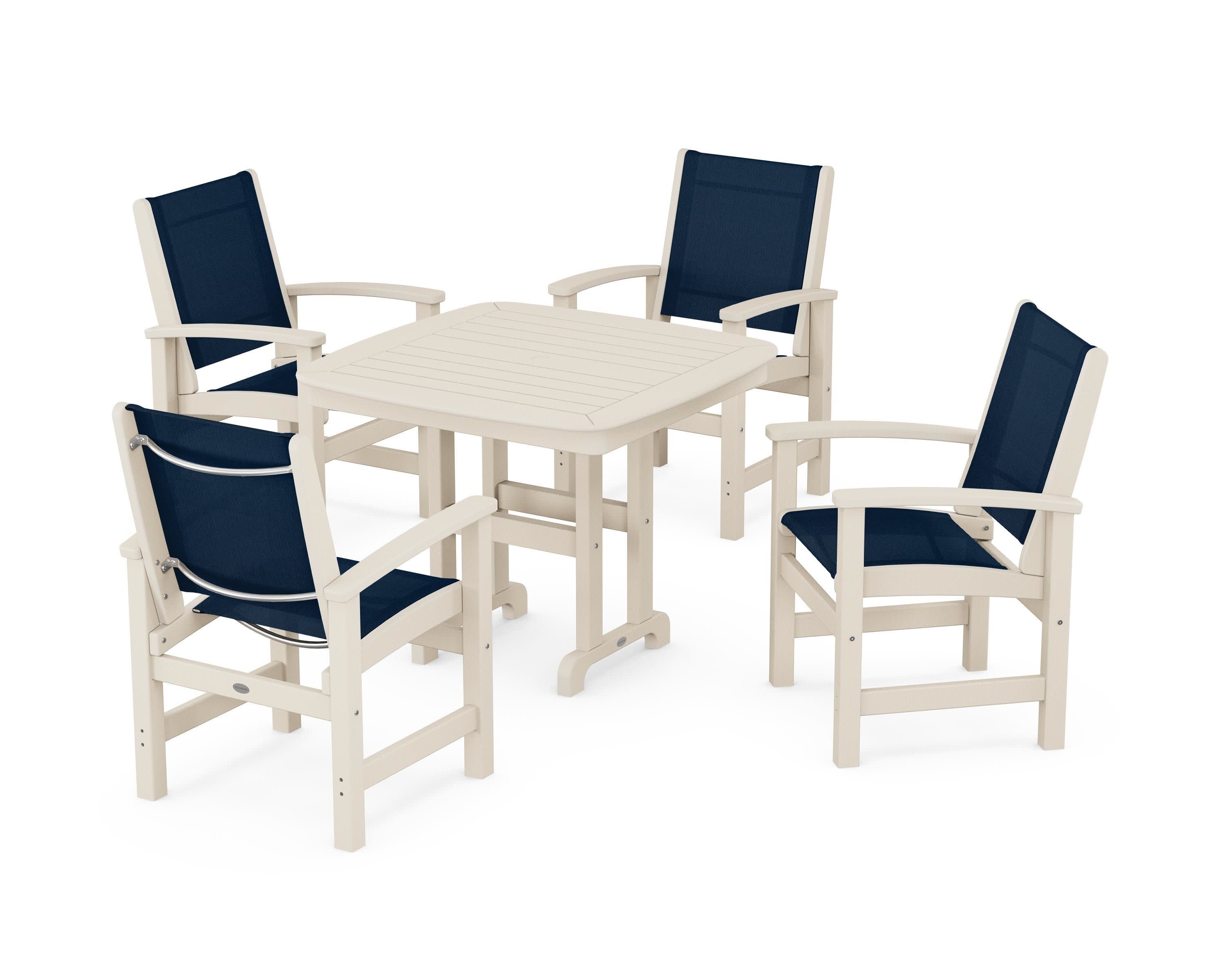 Coastal 5-Piece Dining Set in Sand / Navy Blue Sling