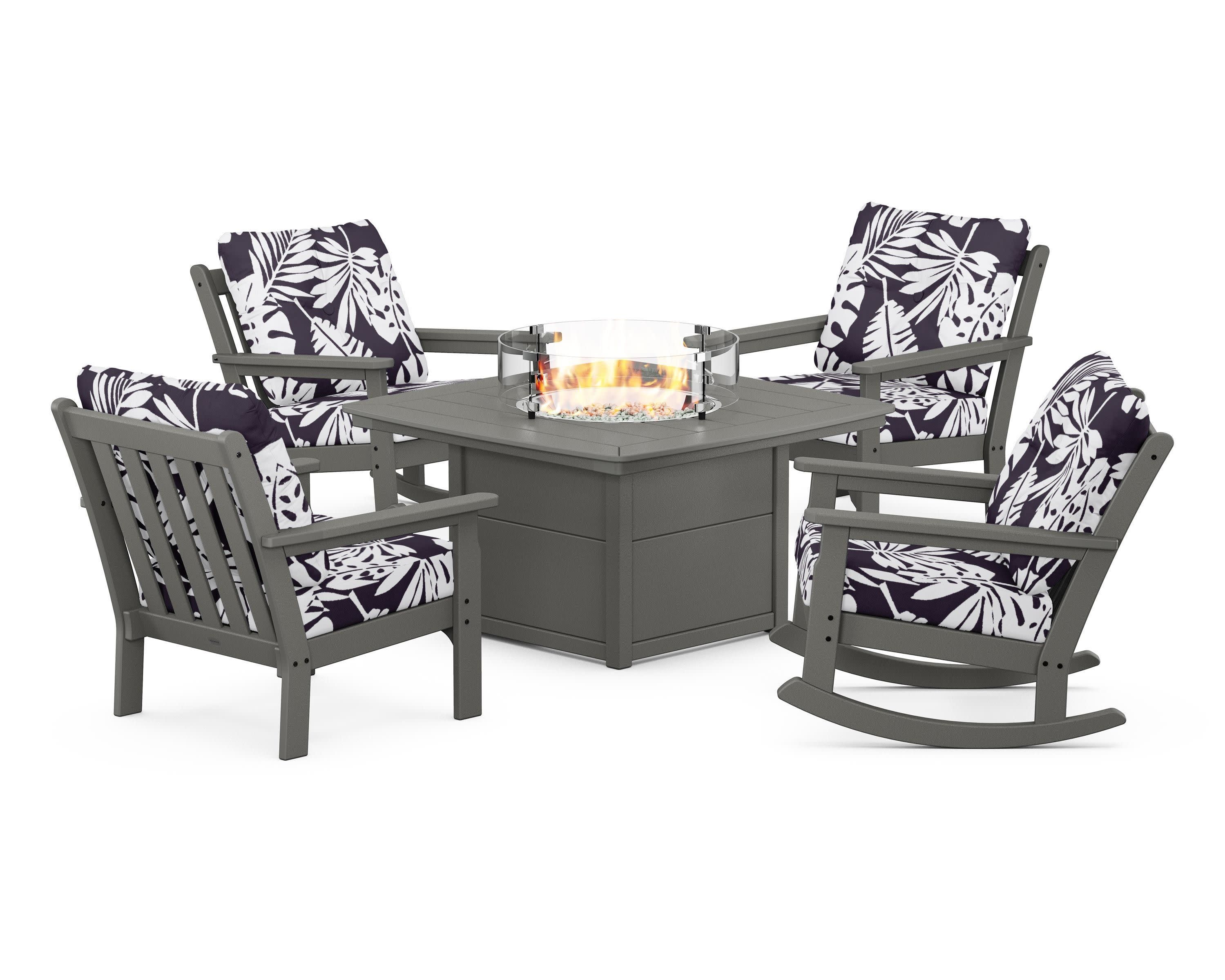 Vineyard 5-Piece Deep Seating Rocking Chair Conversation Set with Fire Pit Table in Slate Grey / Leaf Navy