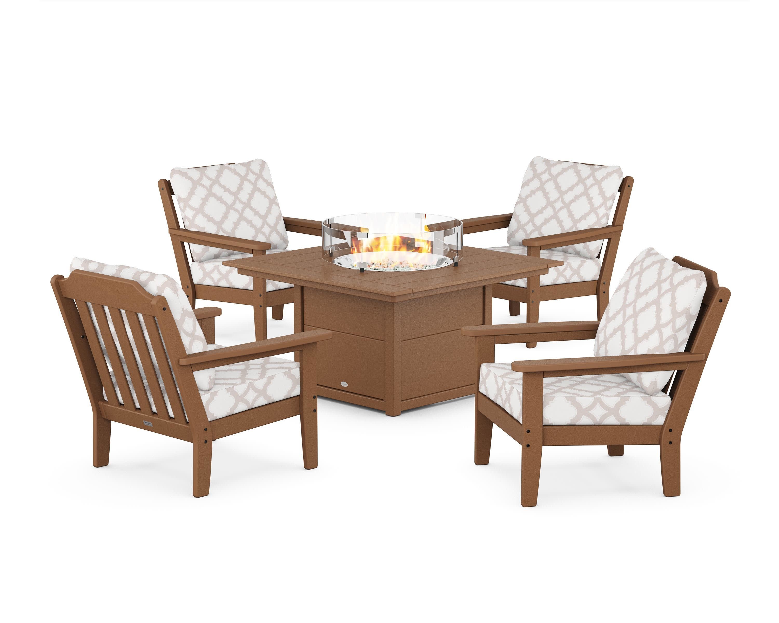 Cottage 5-Piece Deep Seating Set with Fire Pit Table in Teak / Trellis Dune Burlap