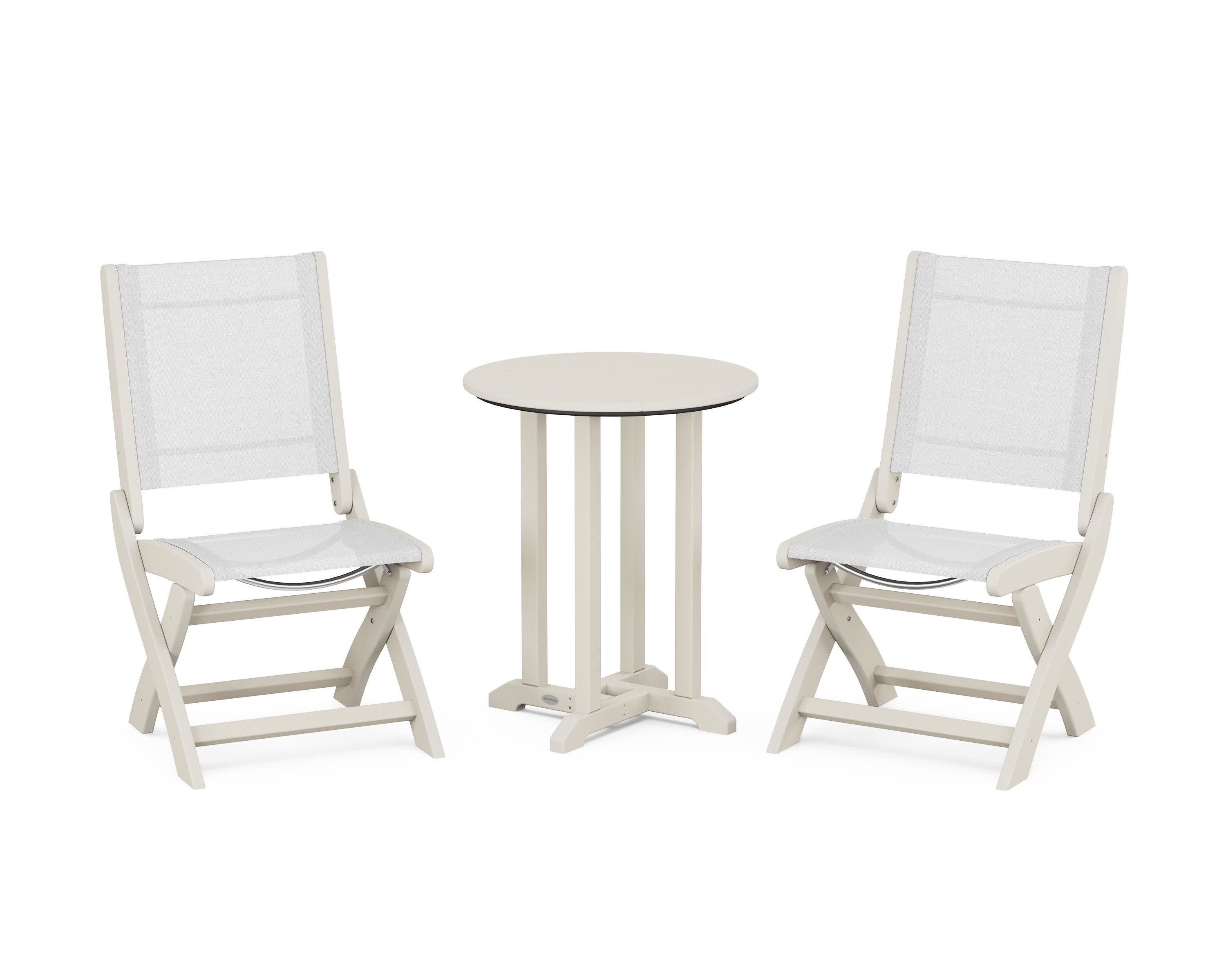 Coastal Folding Side Chair 3-Piece Round Bistro Dining Set in Sand / White Sling
