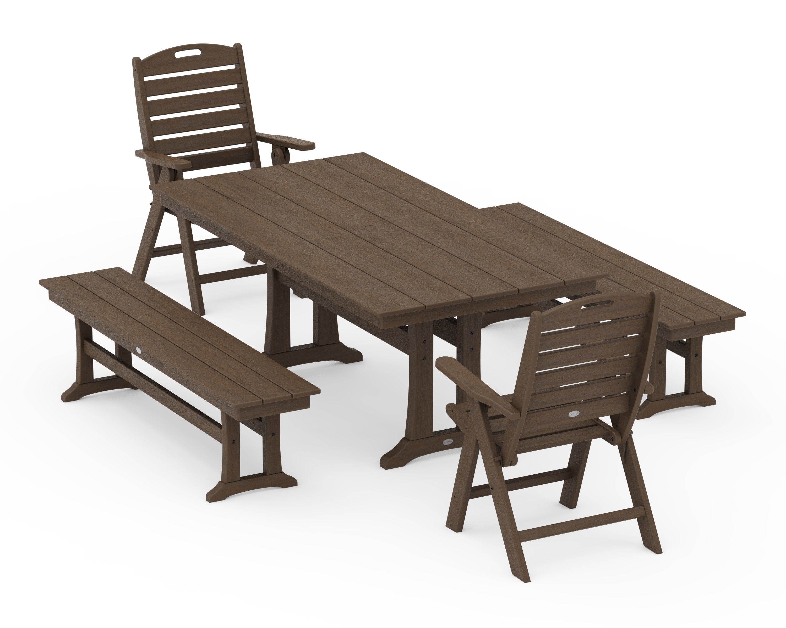 Nautical Folding Highback Chair 5-Piece Farmhouse Dining Set With Trestle Legs and Benches in Kona