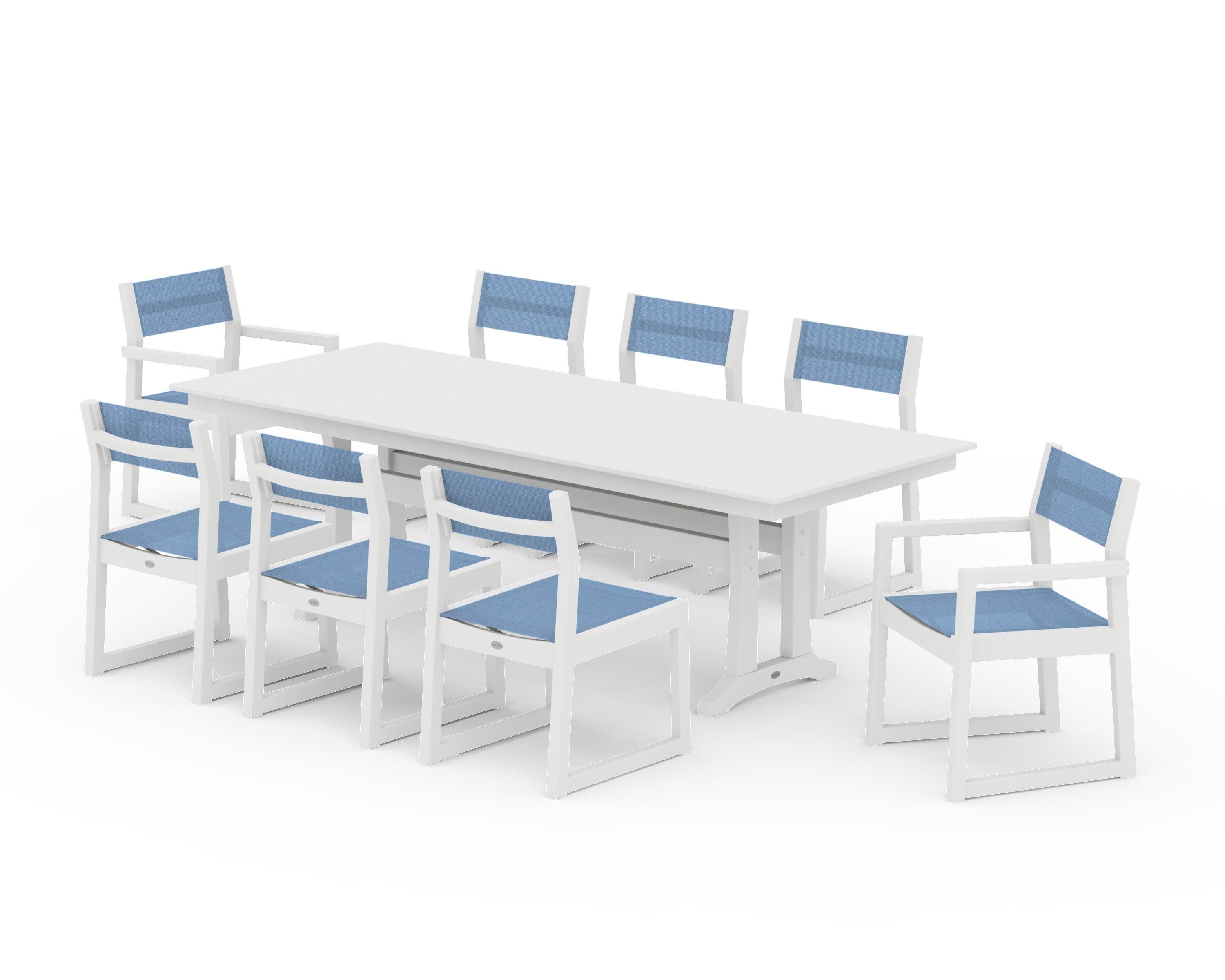 EDGE Sling 9-Piece Farmhouse Trestle Dining Set in White / Poolside Sling