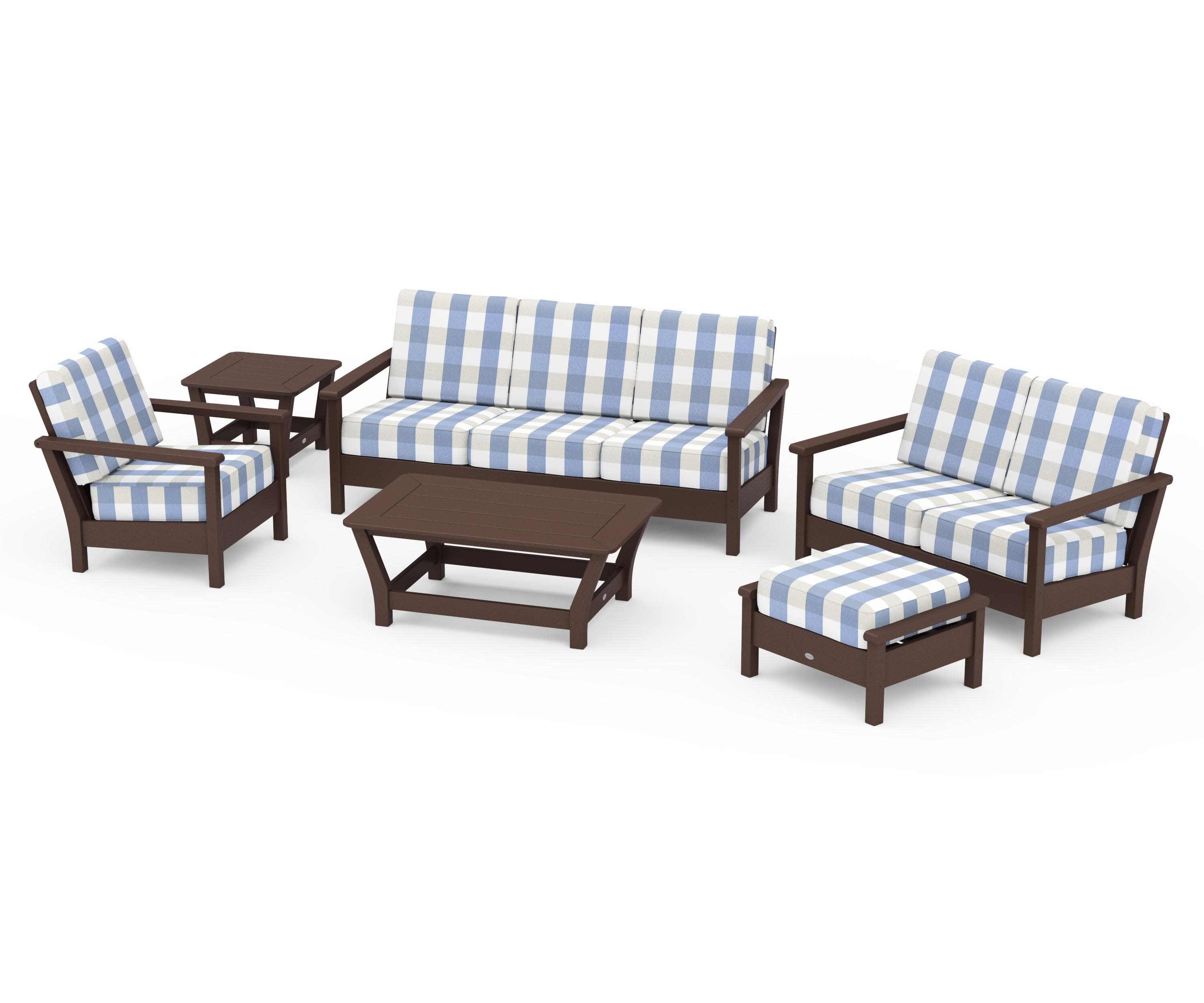 Harbour 6-Piece Outdoor Living Set in Mahogany / Buffalo Plaid Sky Blue