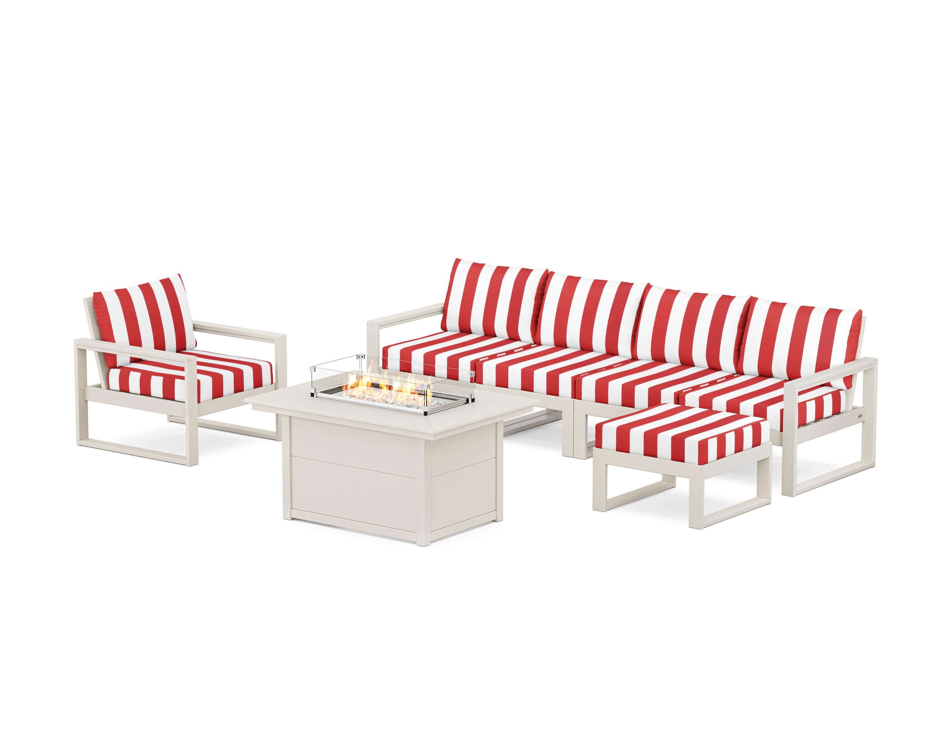EDGE Sectional Lounge and Fire Pit Set in Sand / Cabana Stripe Crimson