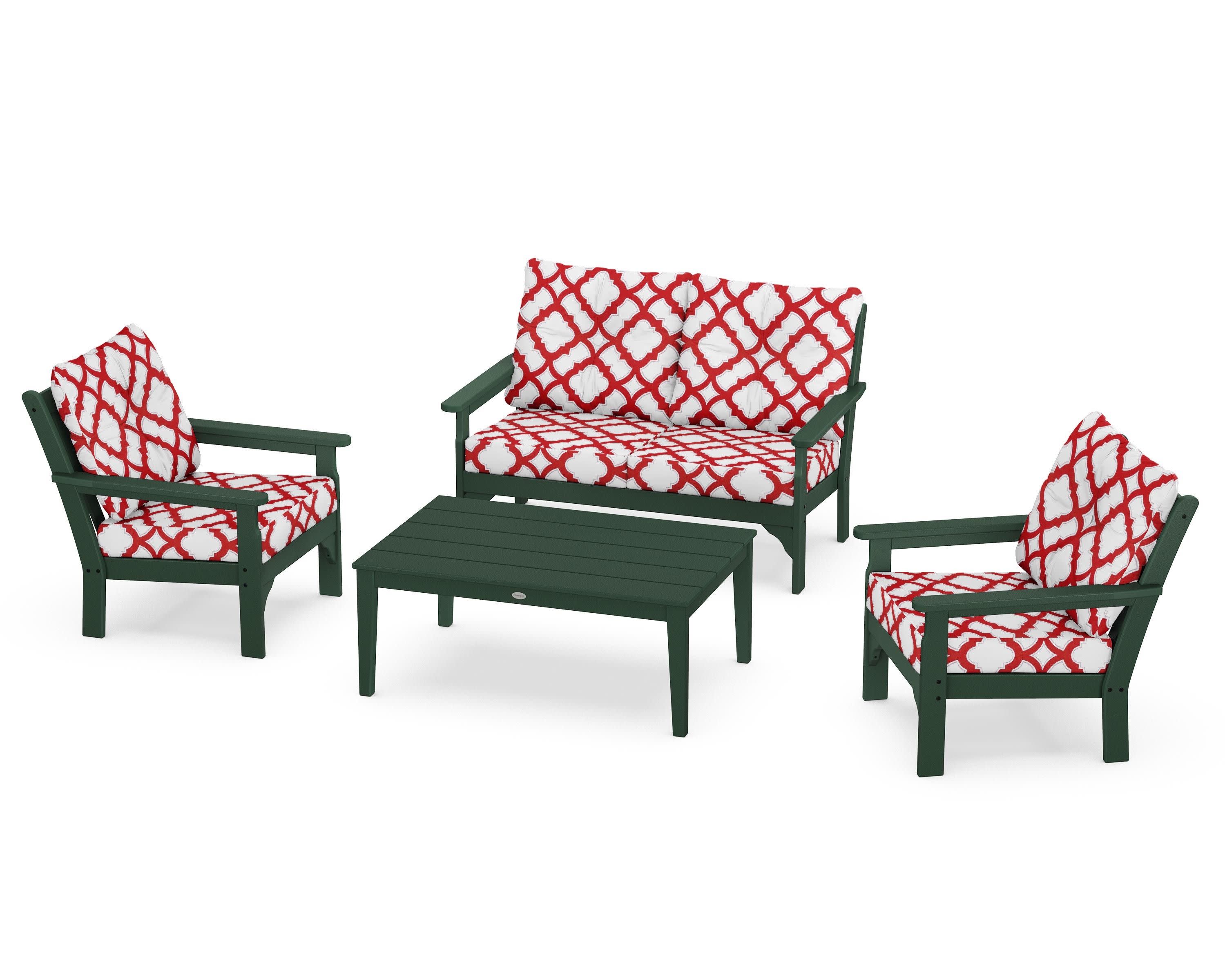 Vineyard 4-Piece Deep Seating Set in Green / Trellis Crimson