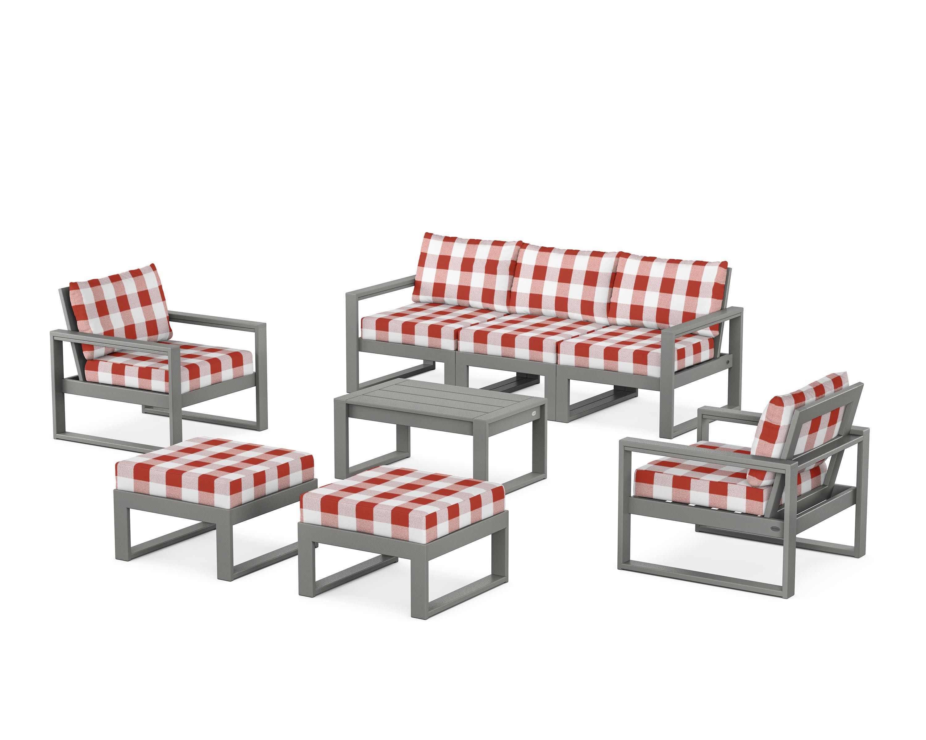 EDGE Sectional 8-Piece Lounge Sofa Set in Slate Grey / Buffalo Plaid Crimson