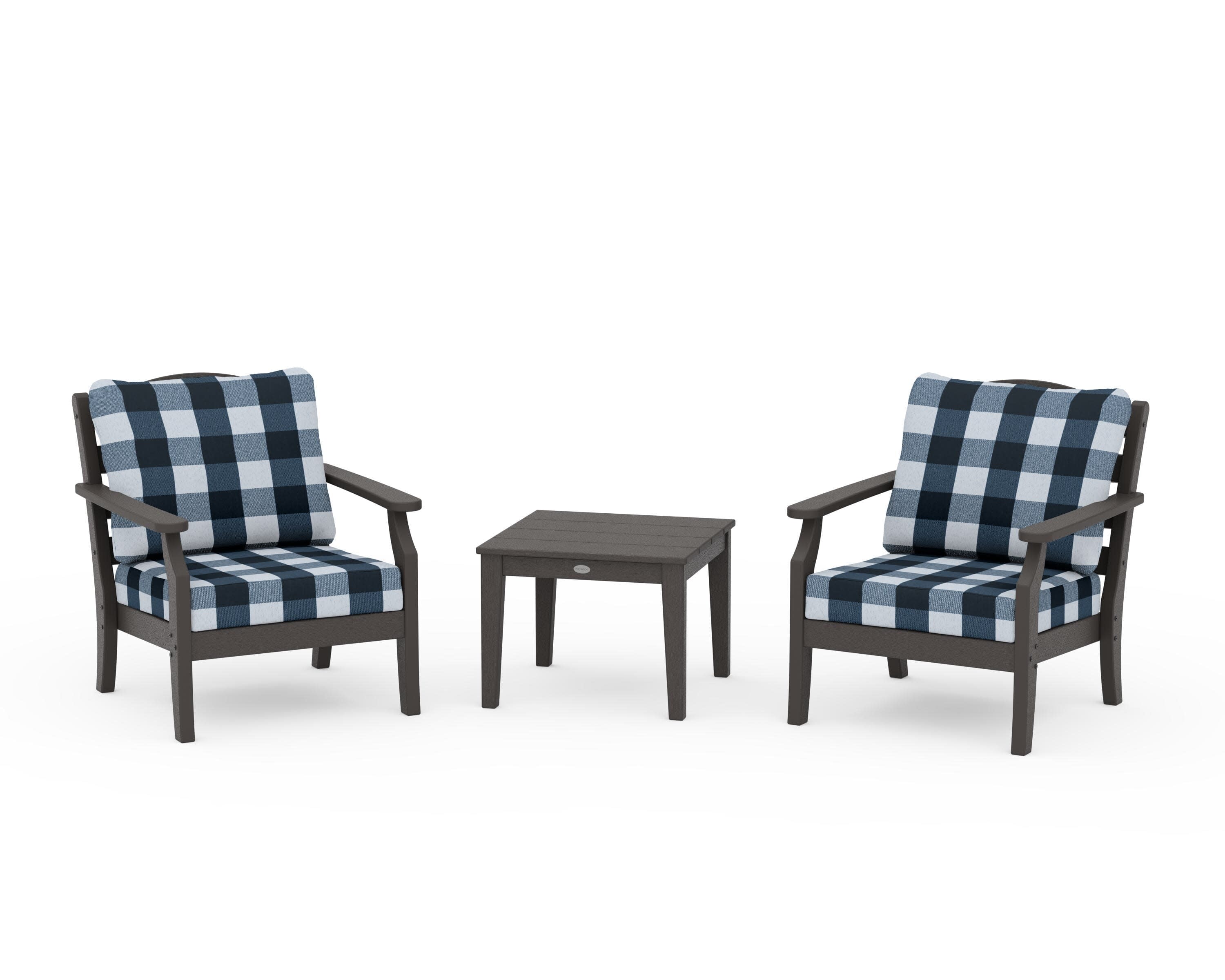 Savannah 3-Piece Deep Seating Set in Vintage Coffee / Buffalo Plaid Marine Indigo