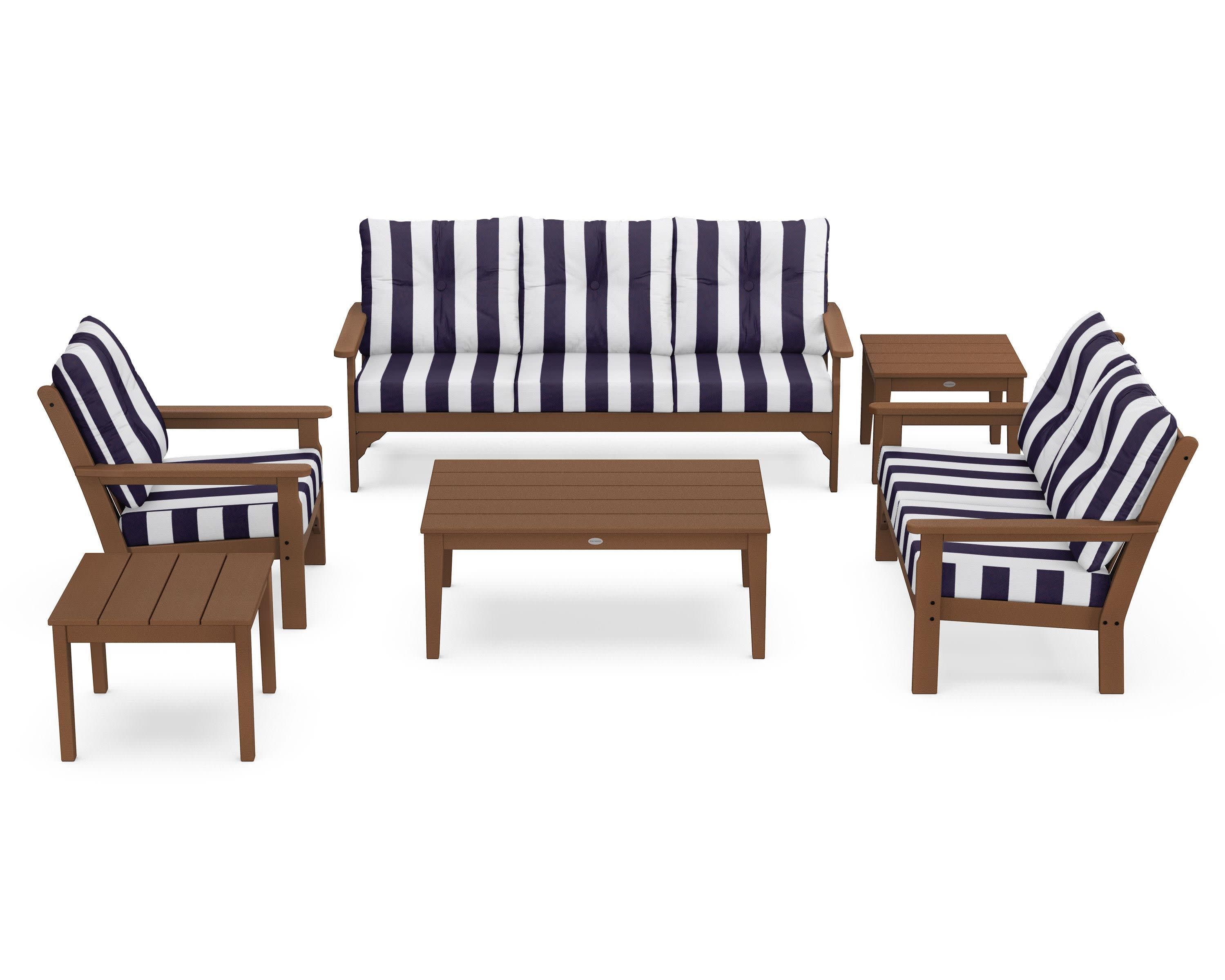 Vineyard 6-Piece Deep Seating Set in Teak / Cabana Stripe Navy