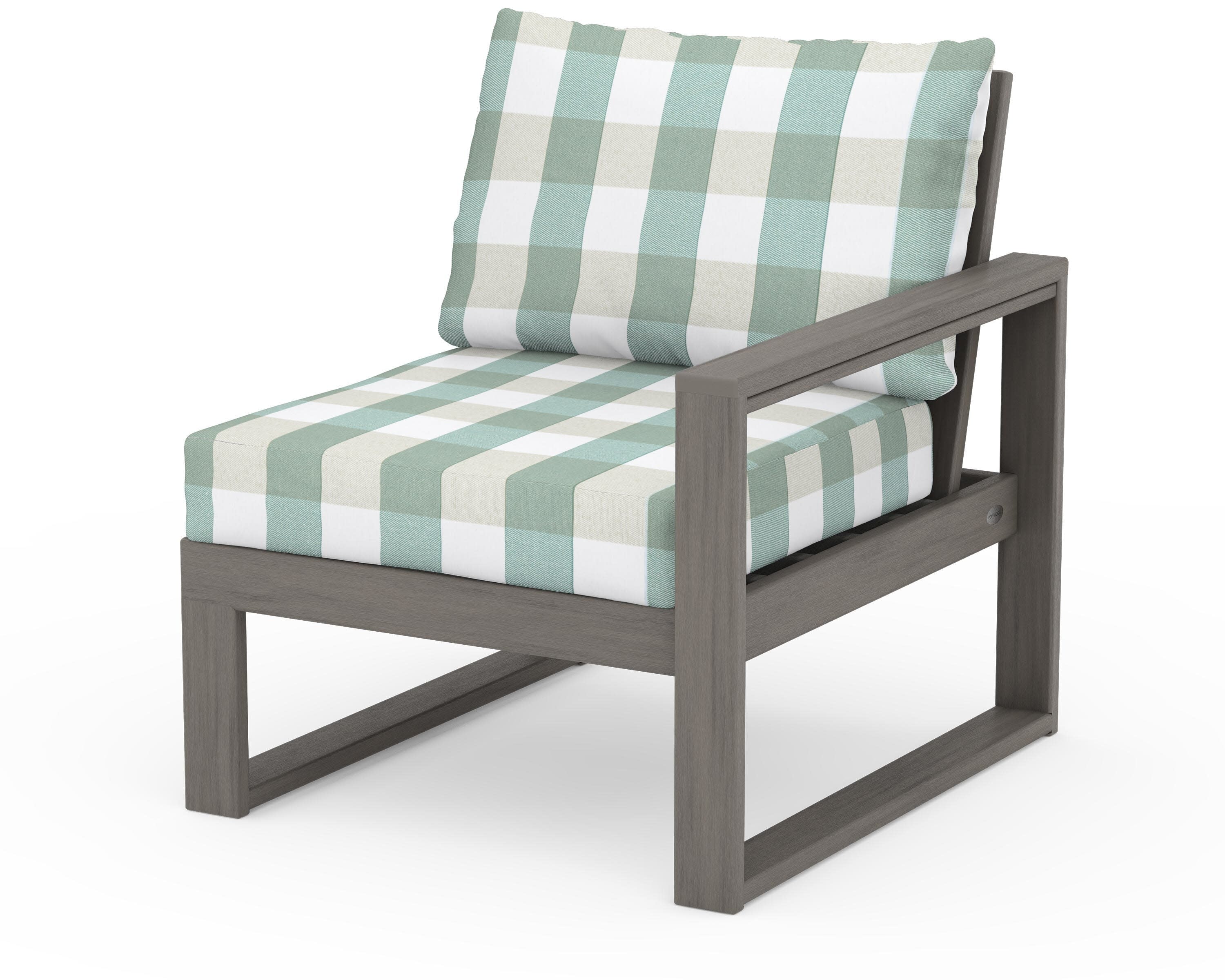EDGE Modular Right Arm Chair in Driftwood / Buffalo Plaid Glacier Spa