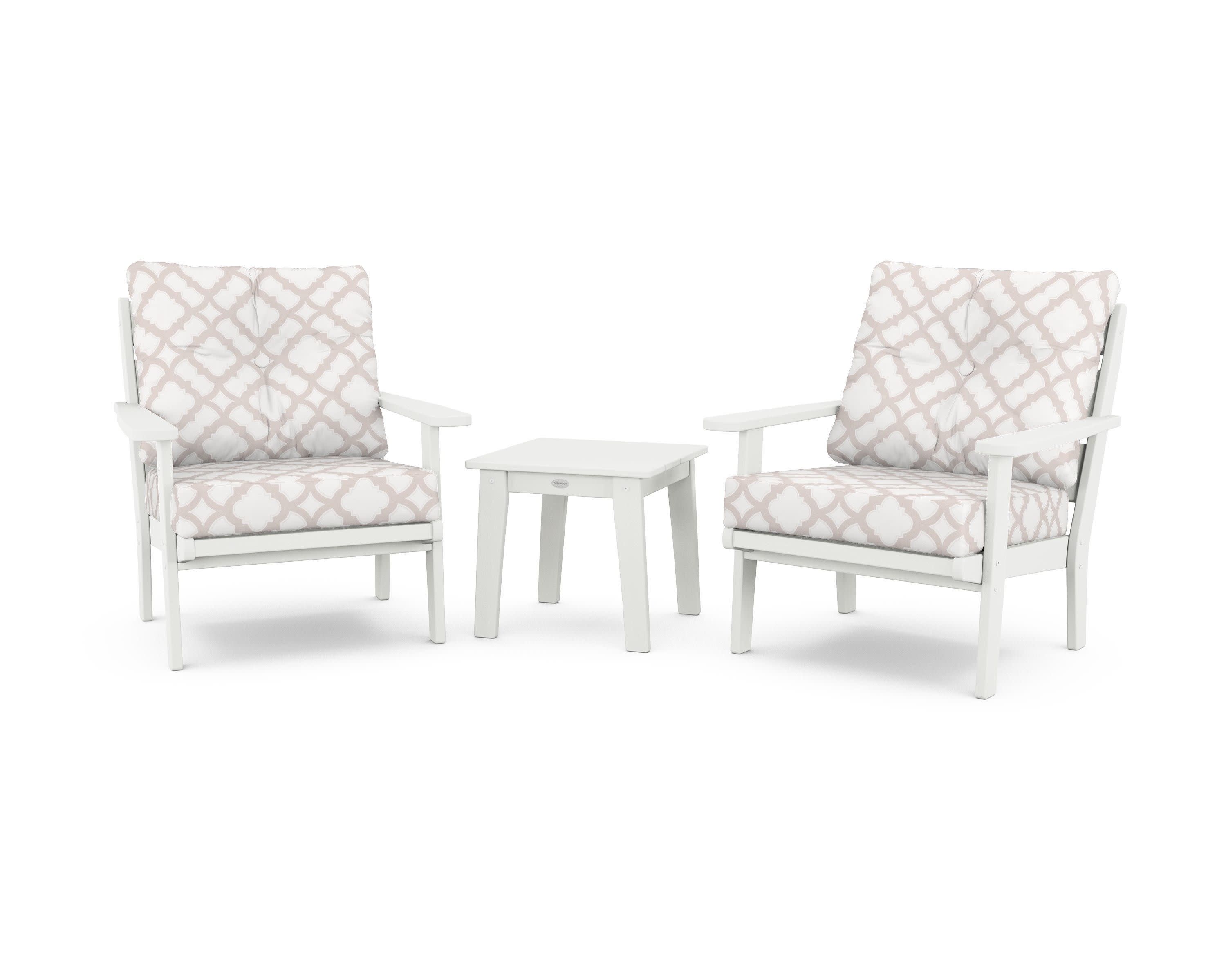Lakeside 3-Piece Deep Seating Chair Set in Vintage White / Trellis Dune Burlap