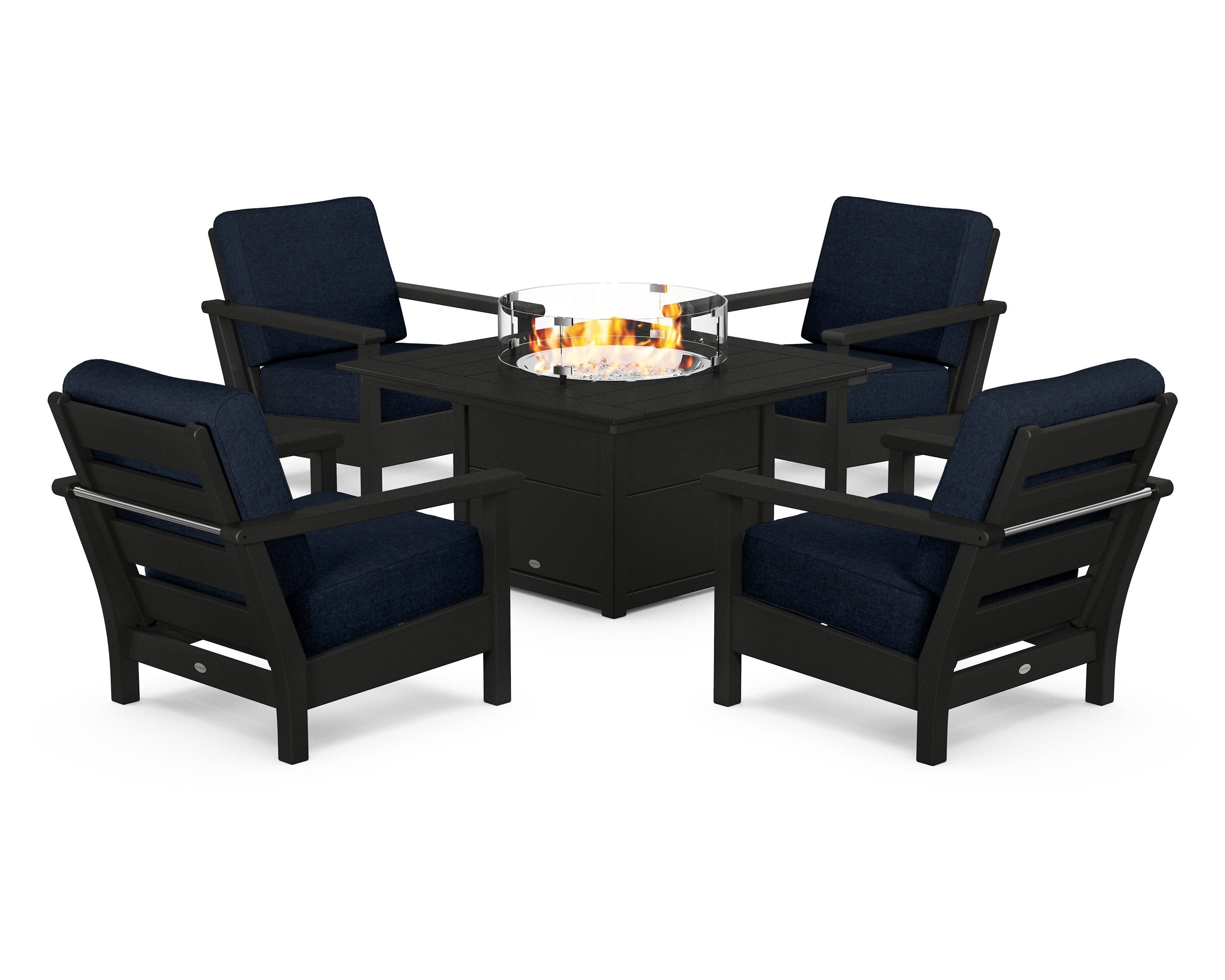 Harbour 5-Piece Conversation Set with Fire Pit Table in Black / Marine Indigo