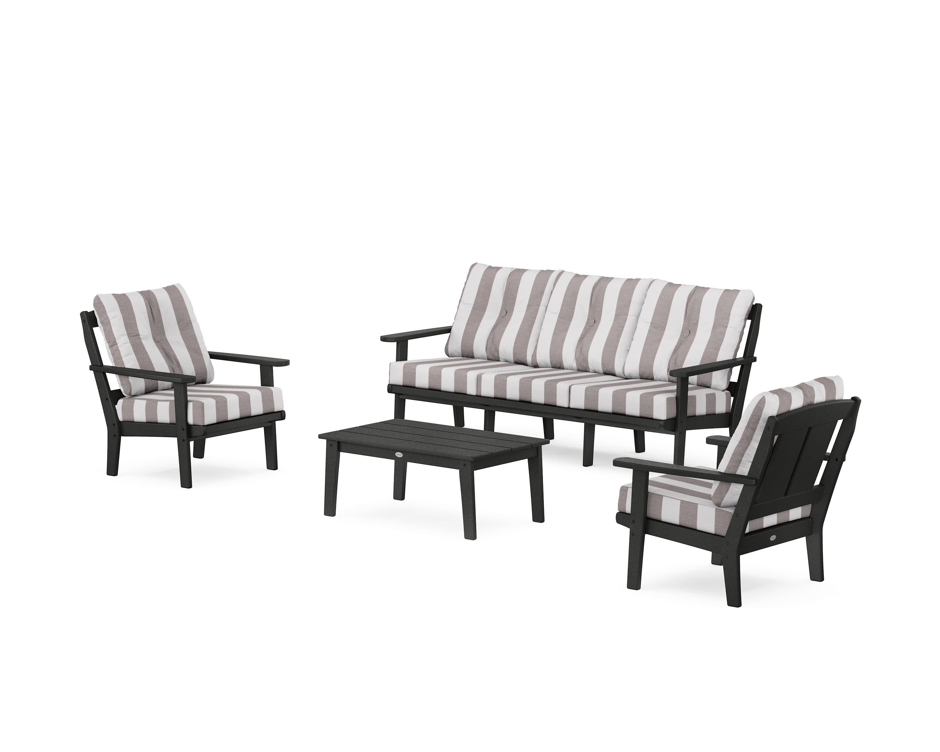 Mission 4-Piece Deep Seating Set with Sofa in Black / Cabana Stripe Grey Mist