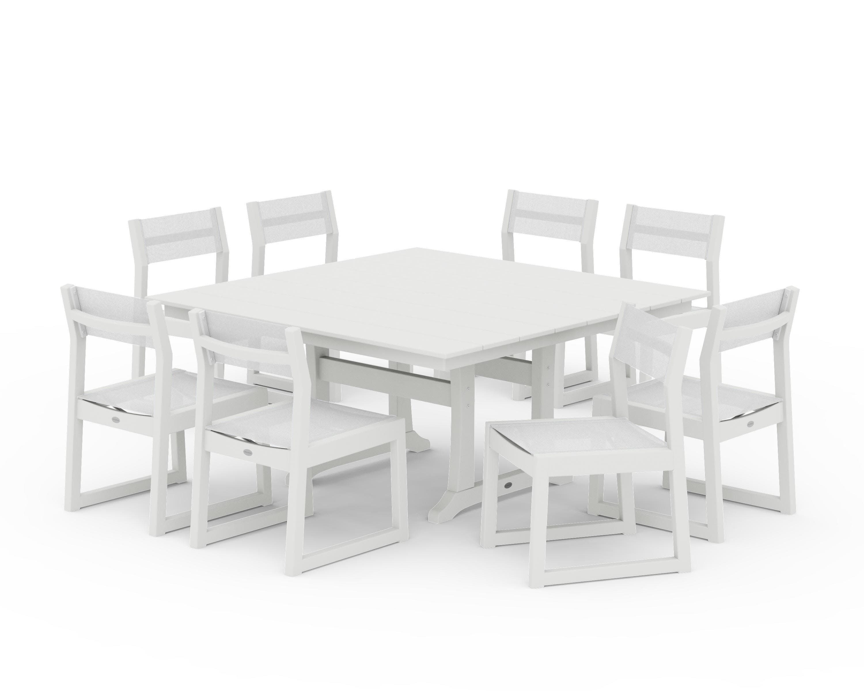 EDGE Sling Side Chair 9-Piece Farmhouse Trestle Dining Set in Vintage White / White Sling