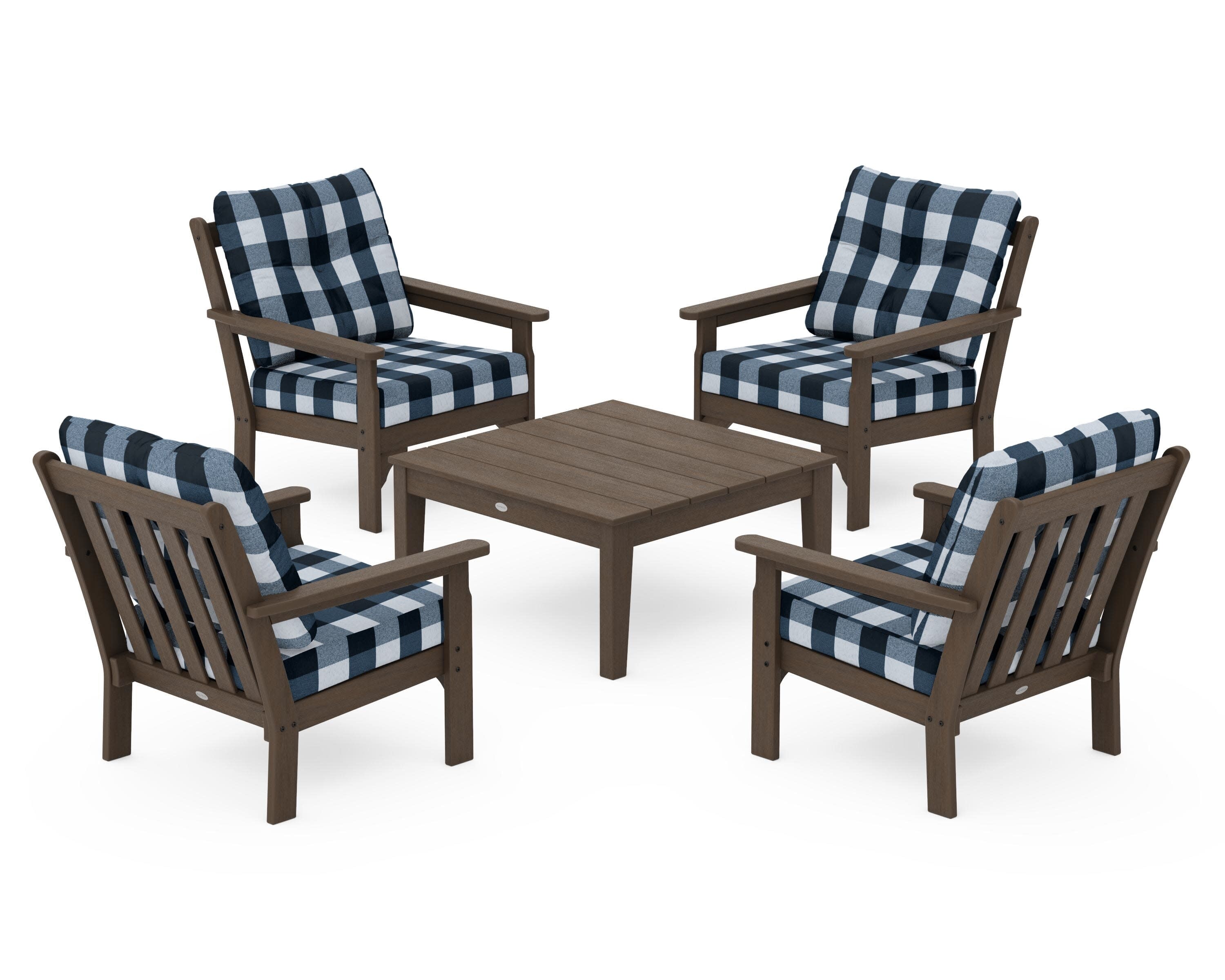 Vineyard 5-Piece Deep Seating Conversation Set in Kona / Buffalo Plaid Marine Indigo