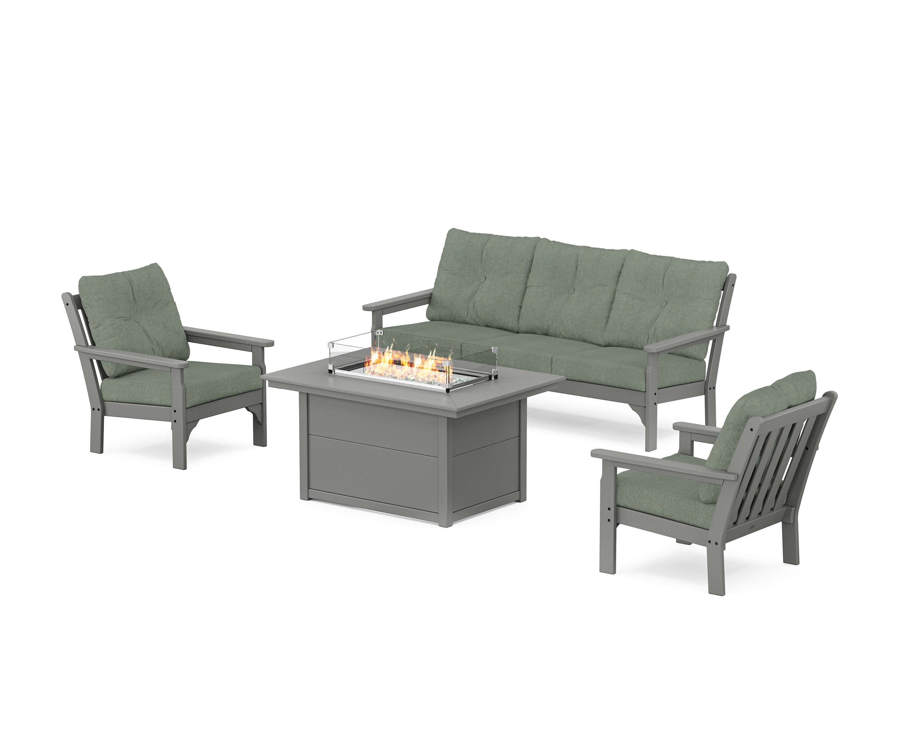 Vineyard Deep Seating Fire Pit Table Set in Slate Grey / Cast Sage