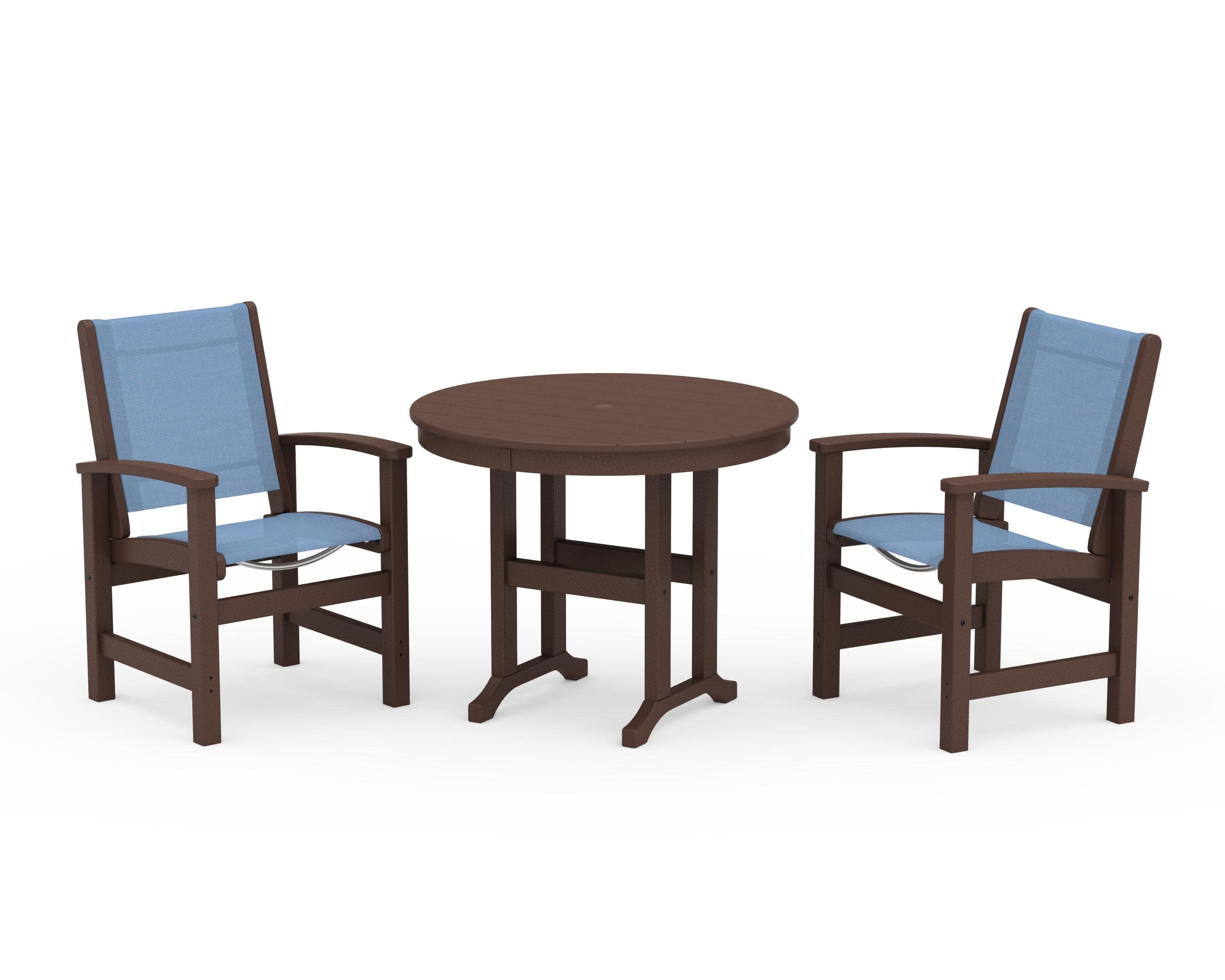 Coastal 3-Piece Round Dining Set in Mahogany / Poolside Sling