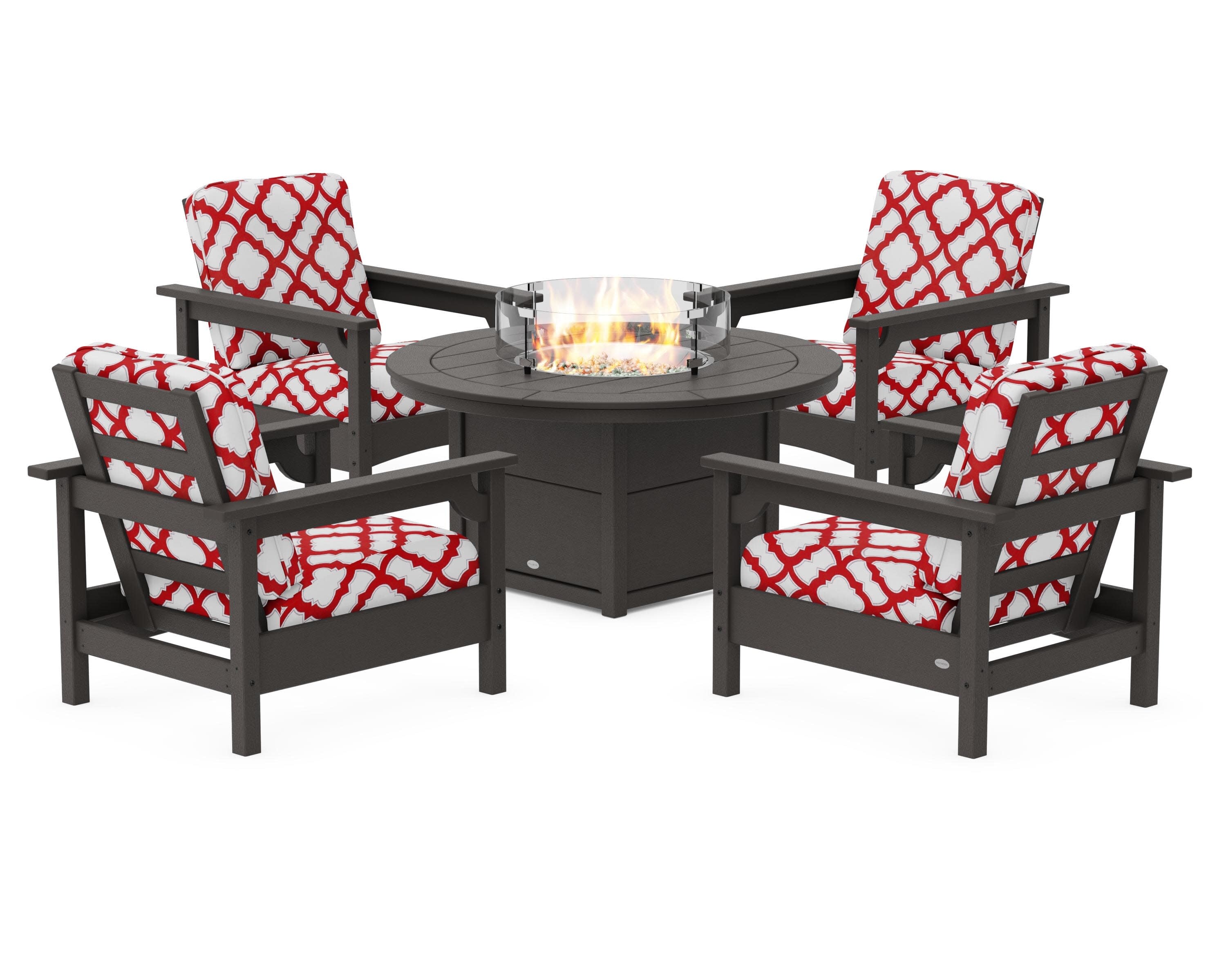 Club 5-Piece Conversation Set with Fire Pit Table in Vintage Coffee / Trellis Crimson