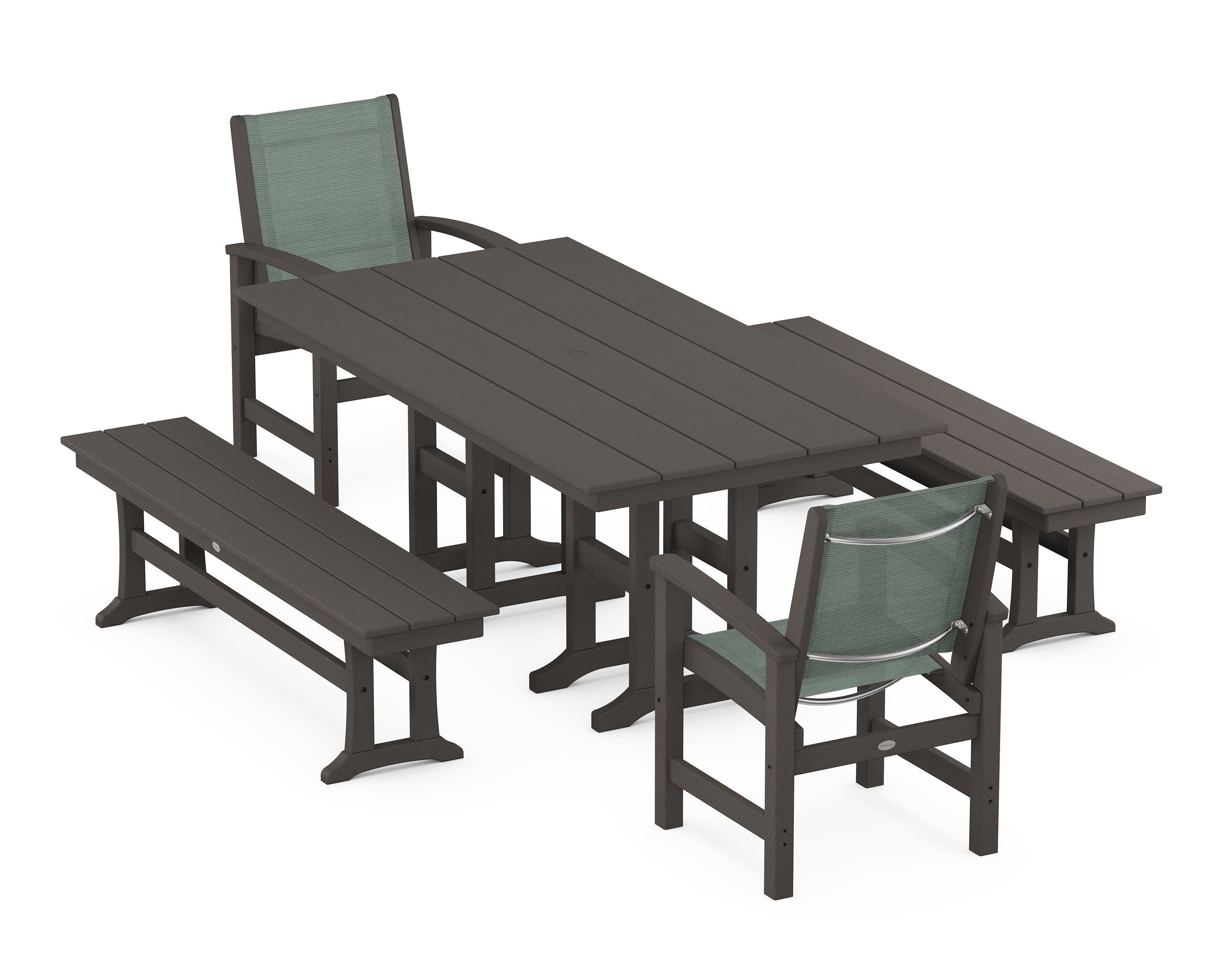 Coastal 5-Piece Farmhouse Dining Set in Vintage Coffee / Dupioni Sea Mist Sling