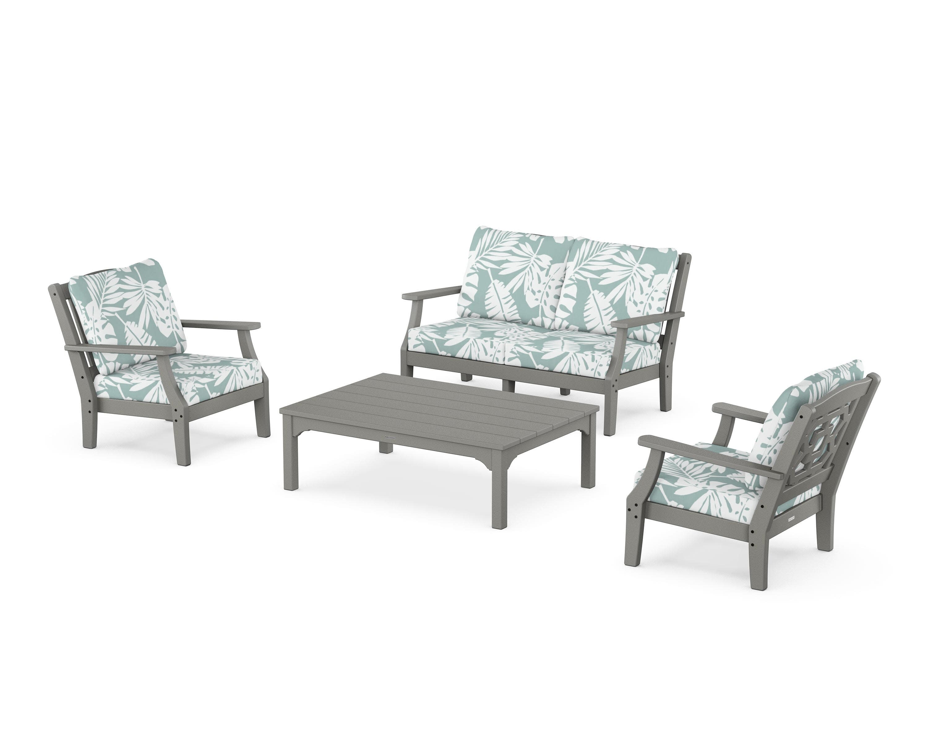 Chinoiserie 4-Piece Deep Seating Set with Loveseat in Slate Grey / Leaf Glacier Spa