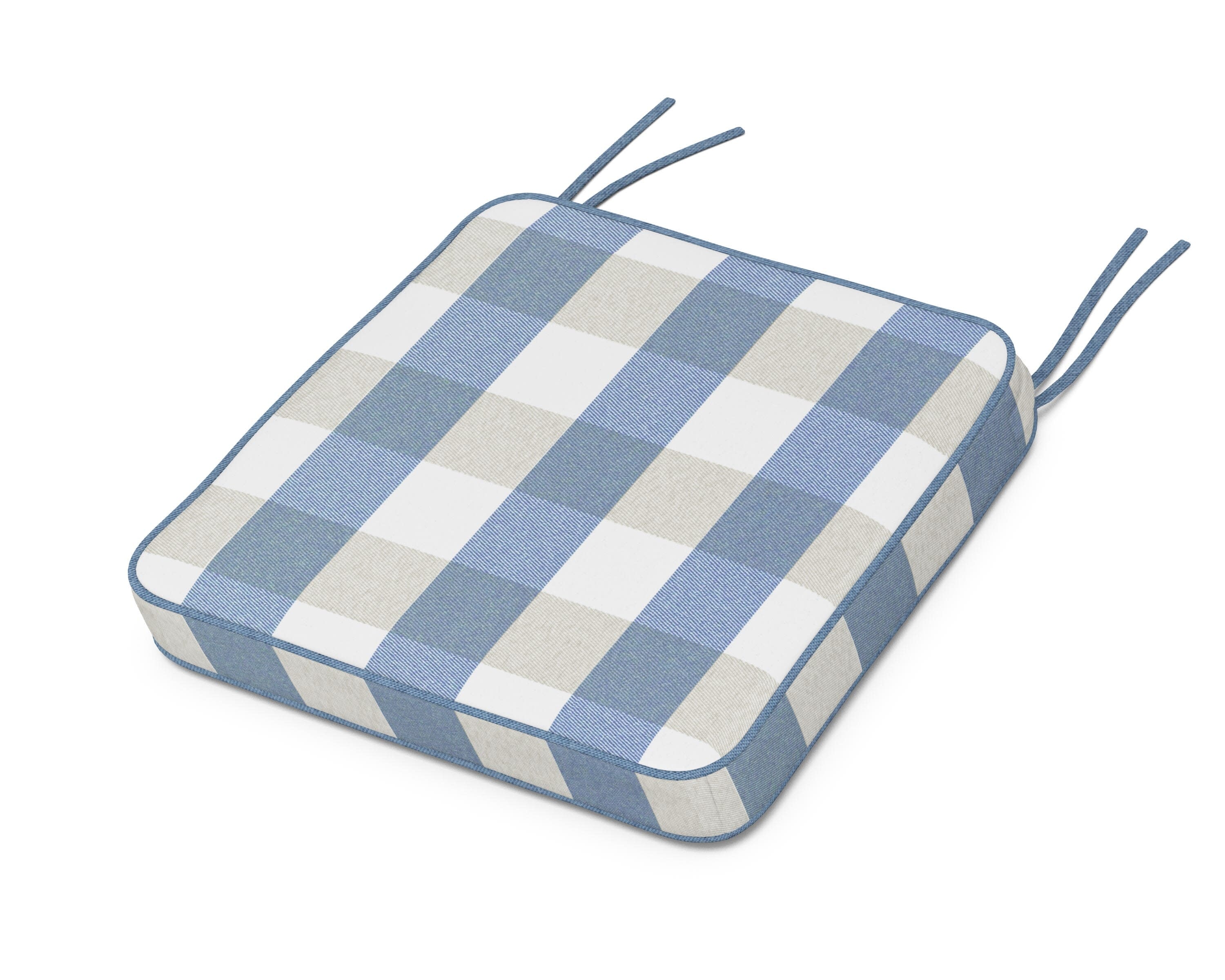 Chinoiserie Side Chair Seat Cushion in Buffalo Plaid Sky Blue