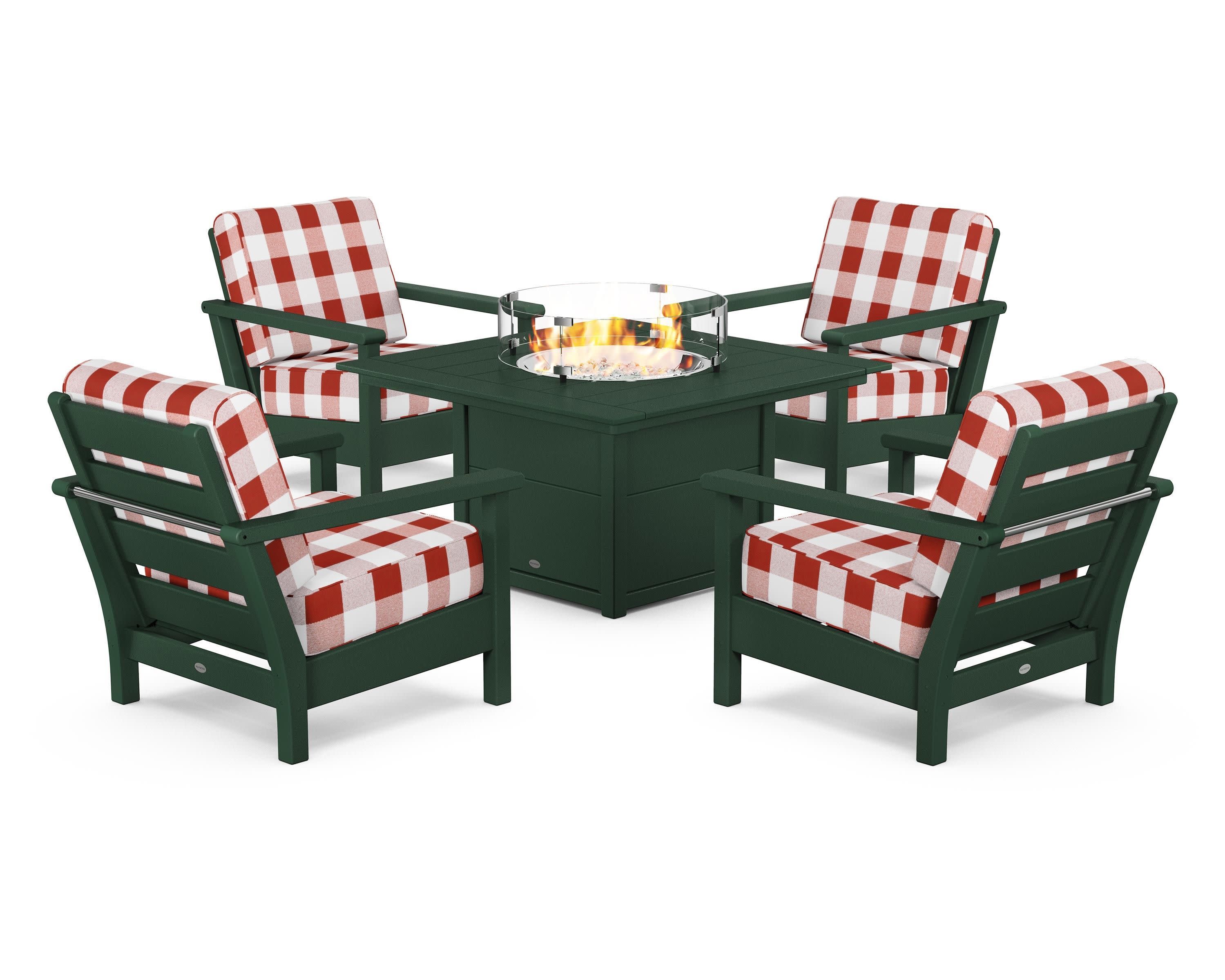 Harbour 5-Piece Conversation Set with Fire Pit Table in Green / Buffalo Plaid Crimson