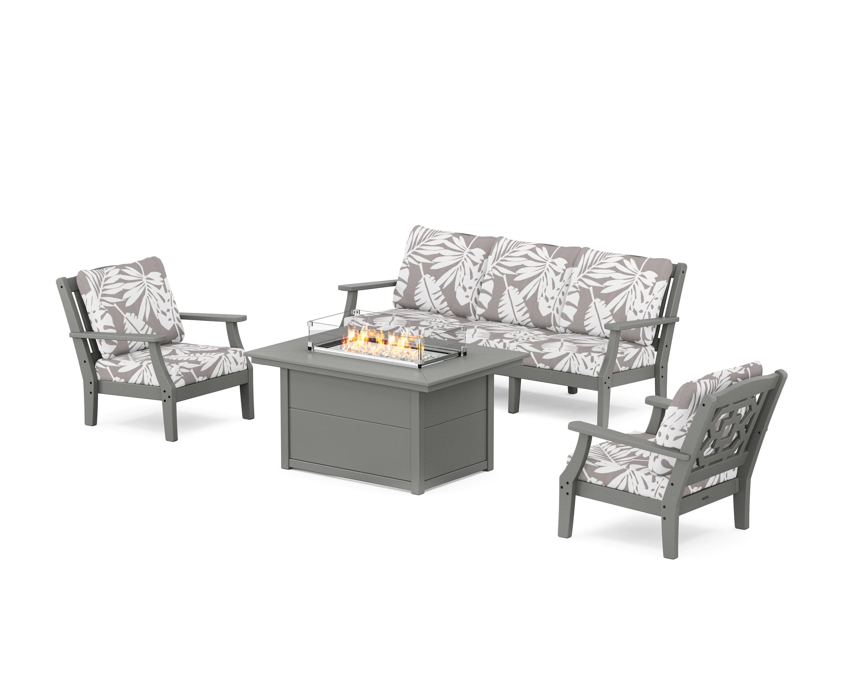 Chinoiserie Deep Seating Fire Pit Table Set in Slate Grey / Leaf Grey Mist