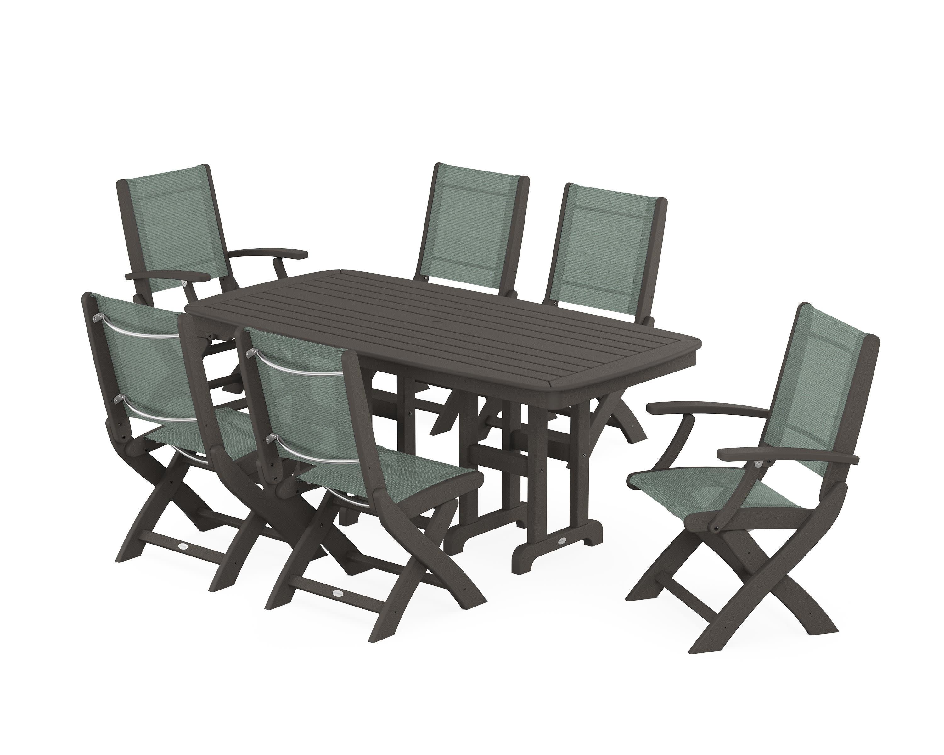Coastal Folding Chair 7-Piece Dining Set in Vintage Coffee / Dupioni Sea Mist Sling