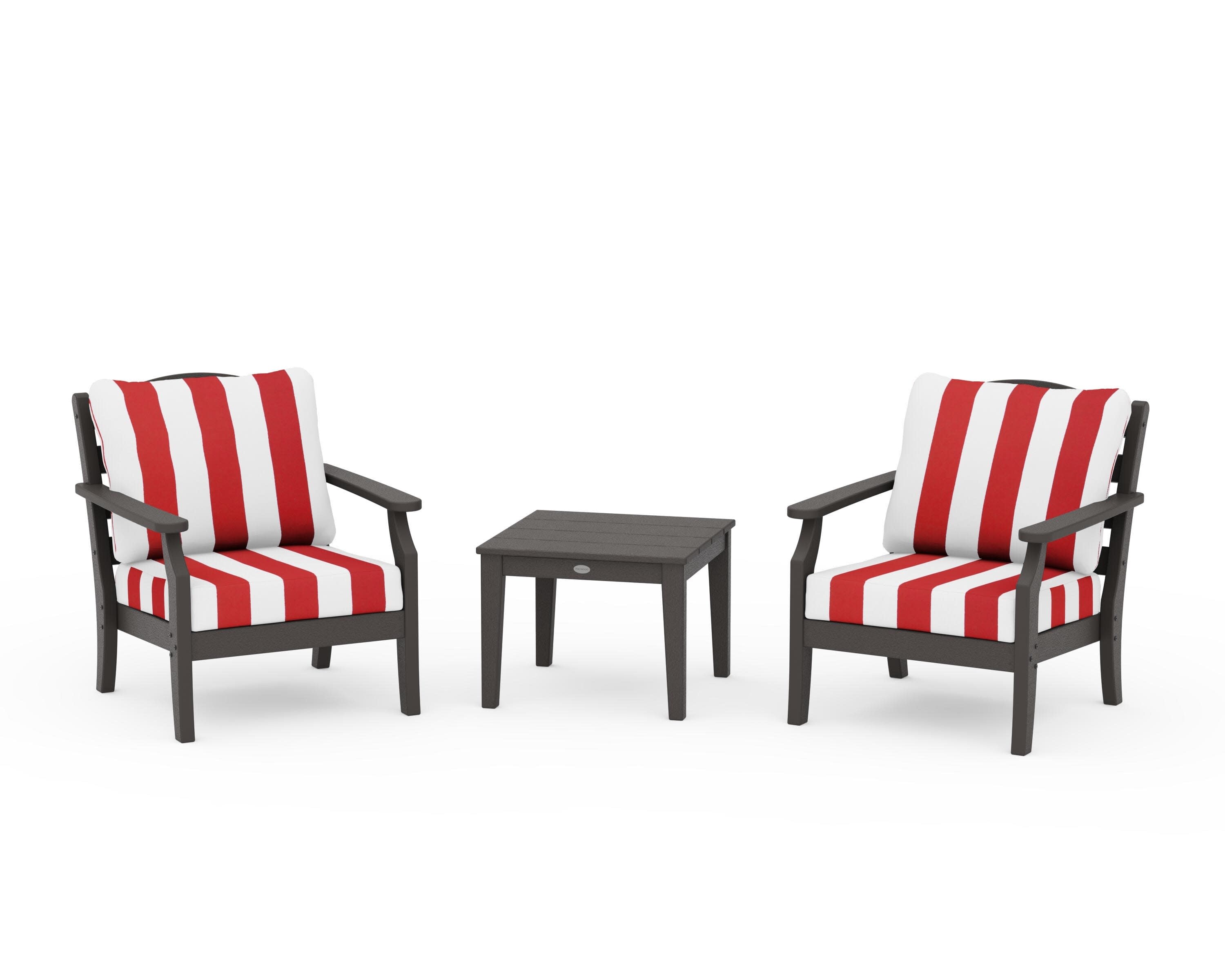 Savannah 3-Piece Deep Seating Set in Vintage Coffee / Cabana Stripe Crimson