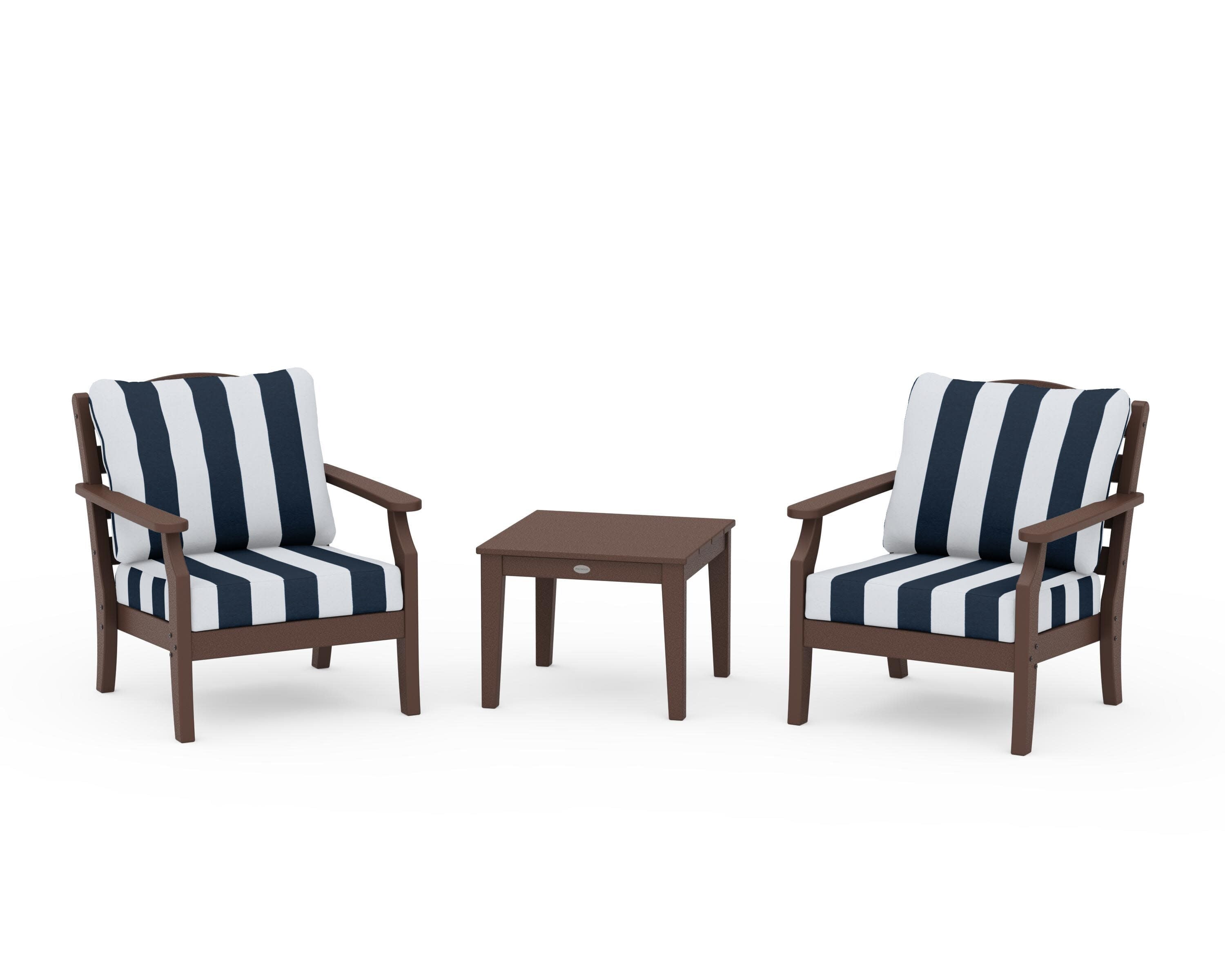Savannah 3-Piece Deep Seating Set in Mahogany / Cabana Stripe Marine Indigo