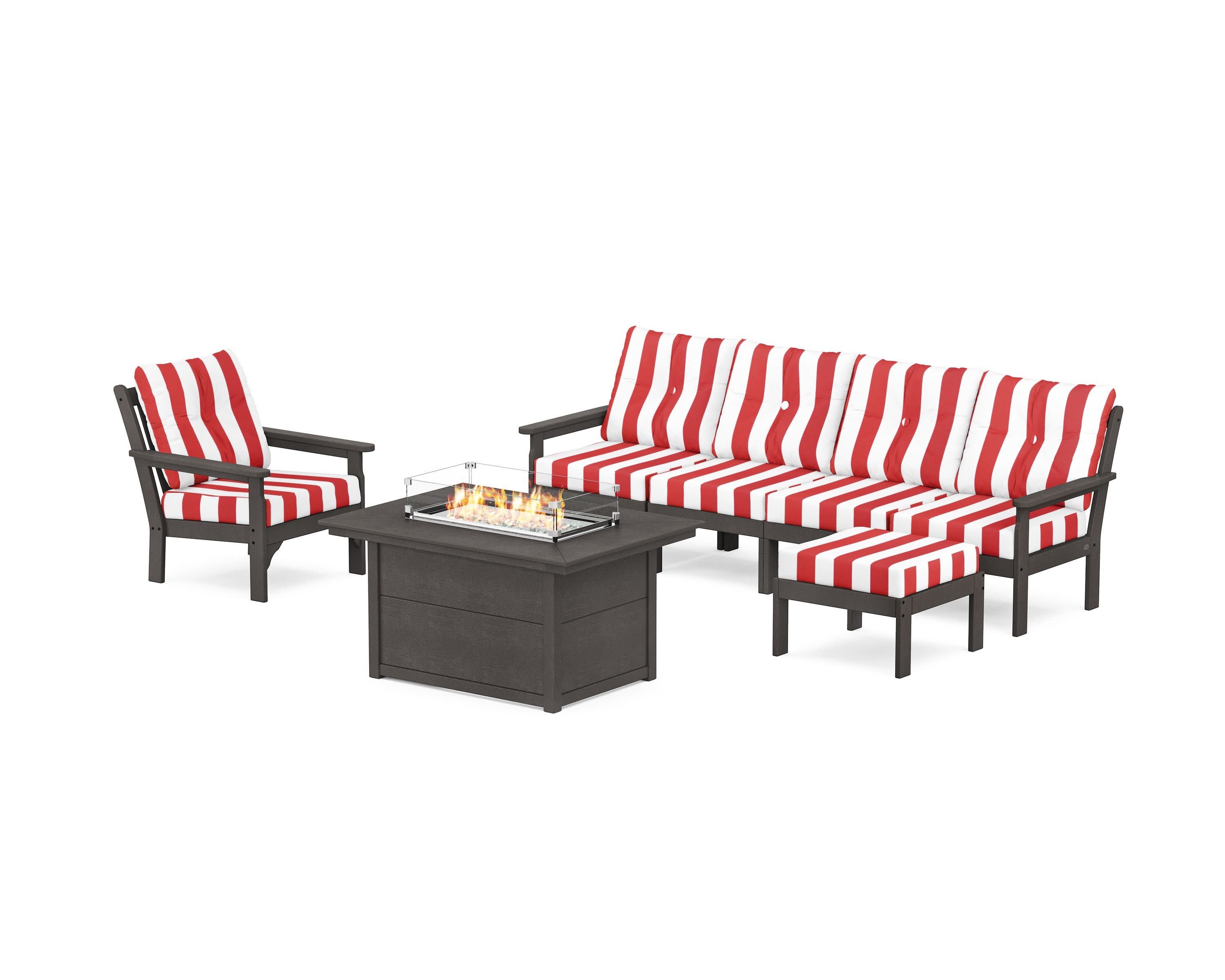 Vineyard Sectional Lounge and Fire Pit Set in Vintage Coffee / Cabana Stripe Crimson
