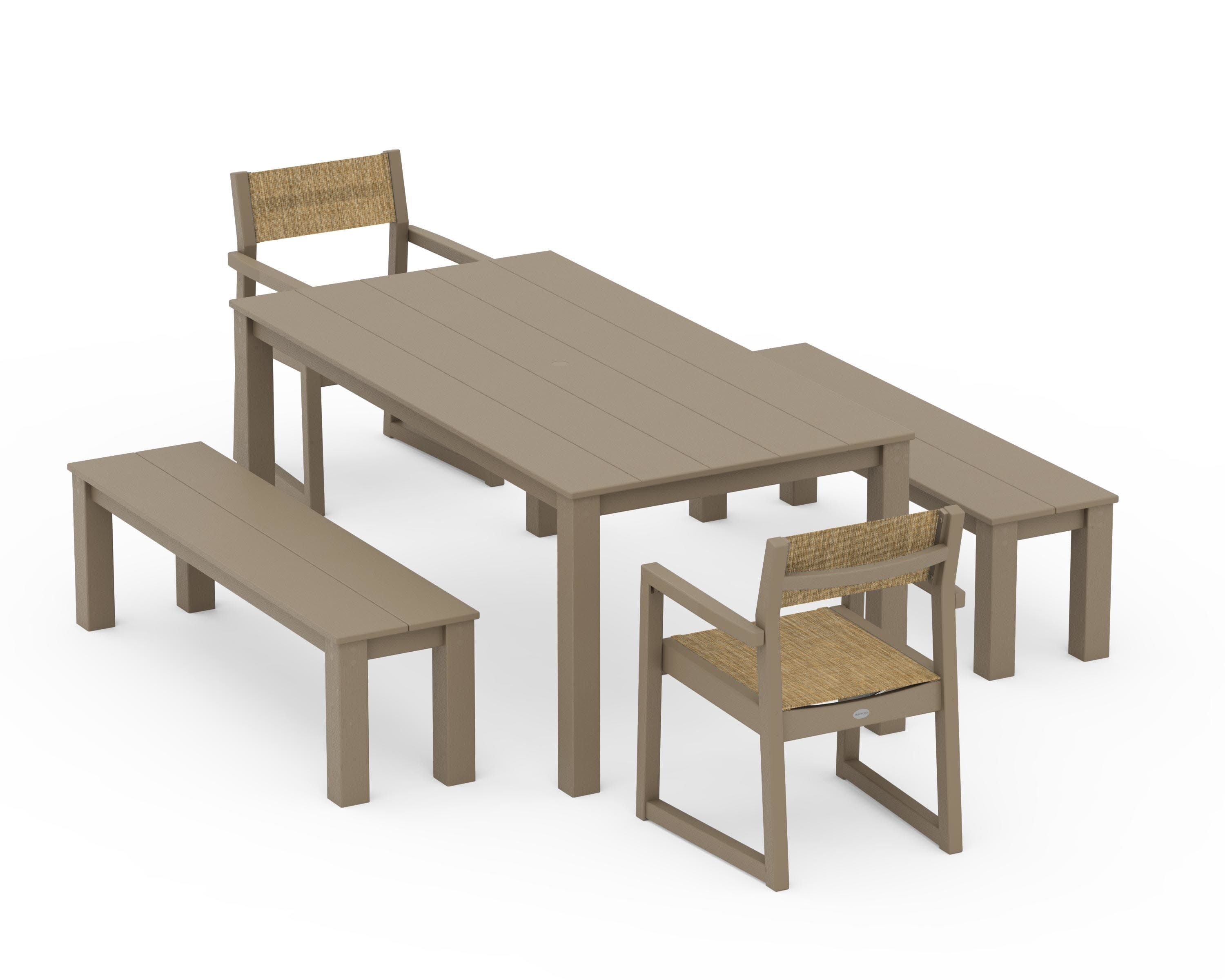 EDGE Sling Arm Chair 5-Piece Parsons Dining Set with Benches in Vintage Sahara / Burlap Sling