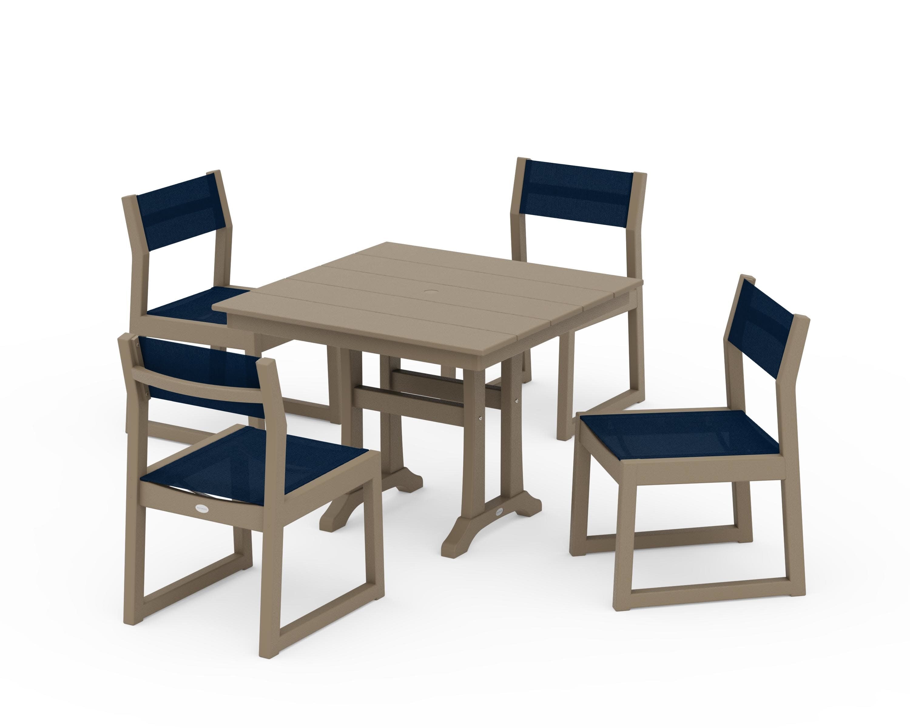 EDGE Sling 5-Piece Farmhouse Trestle Side Chair Dining Set in Vintage Sahara / Navy Blue Sling