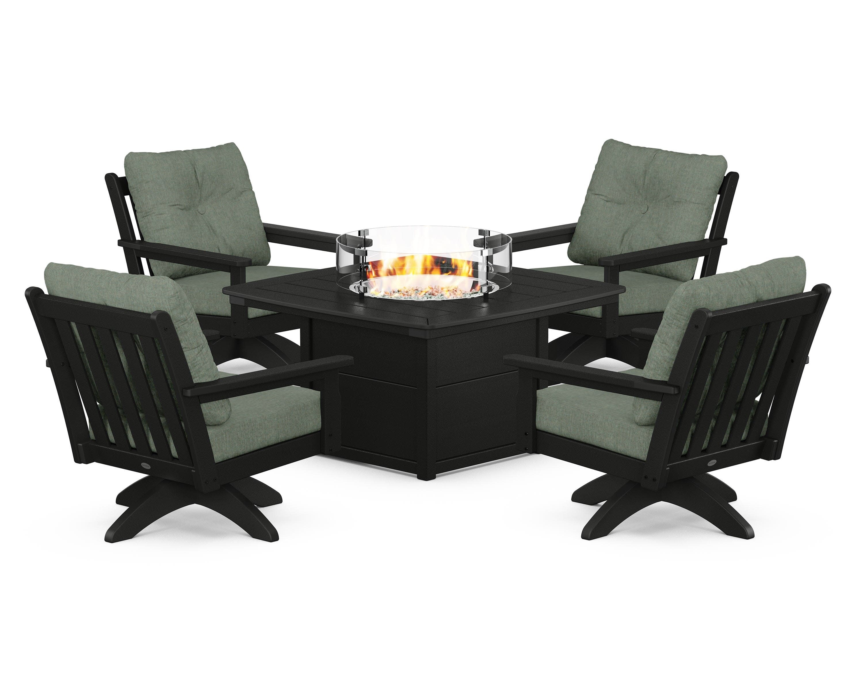 Vineyard 5-Piece Deep Seating Swivel Conversation Set with Fire Pit Table in Black / Cast Sage